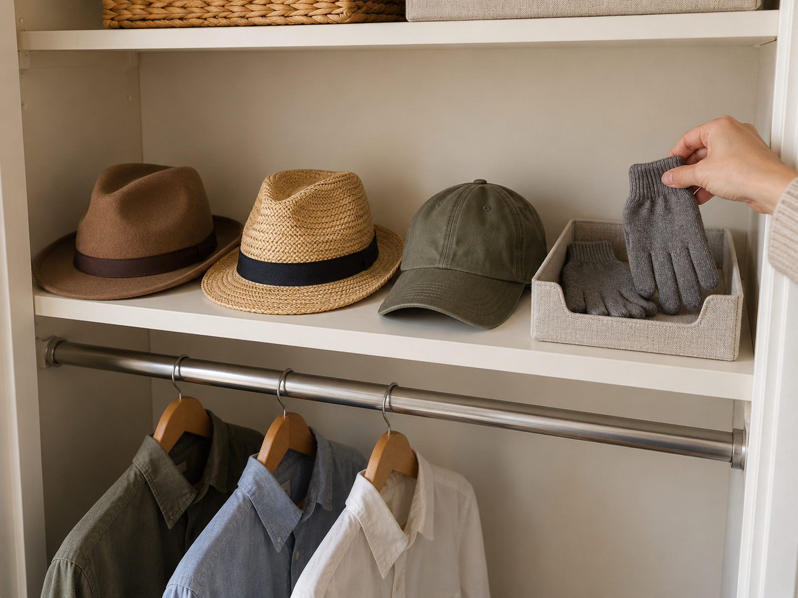 Three structured hats sit separately on a shallow closet shelf beside a low glove compartment while a hand removes one glove.