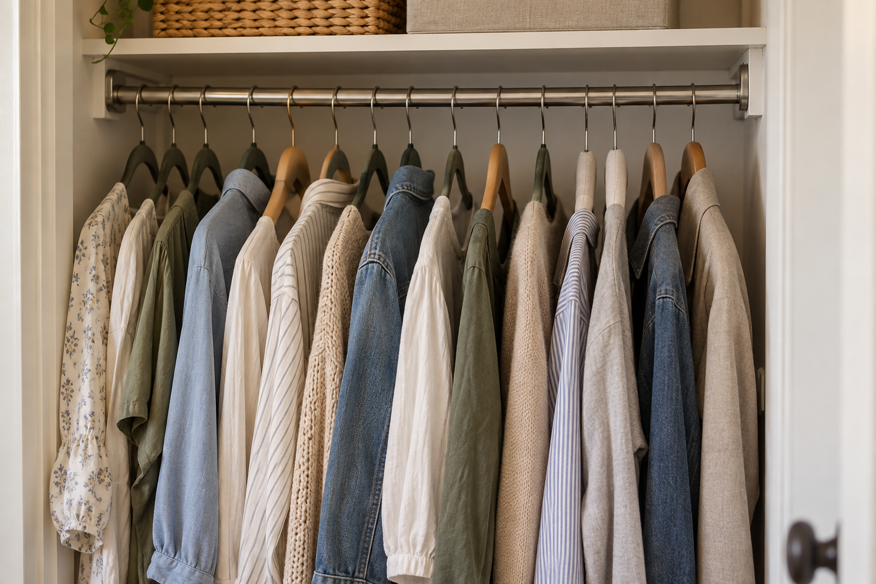 Small closet rod with lightweight clothes on a mix of bulky wood, padded, and slim hangers, showing how hanger hardware contributes to crowding.