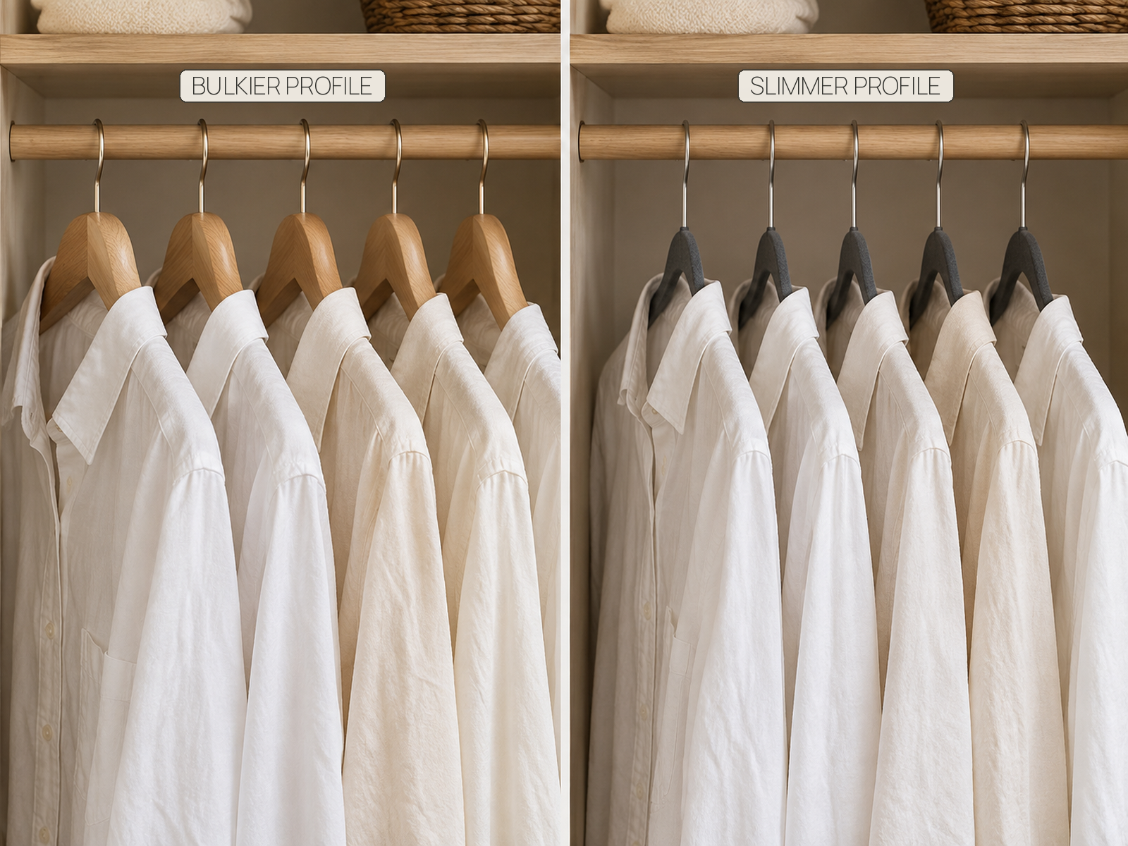 Side-by-side comparison of similar lightweight shirts on bulkier wood hangers and slimmer velvet hangers, showing the hardware profile difference.