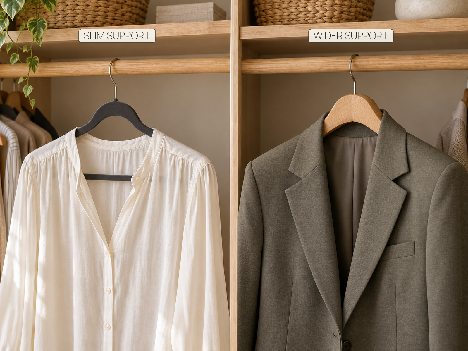 Comparison of a lightweight blouse on a slim hanger and a structured blazer on a wider contoured hanger.