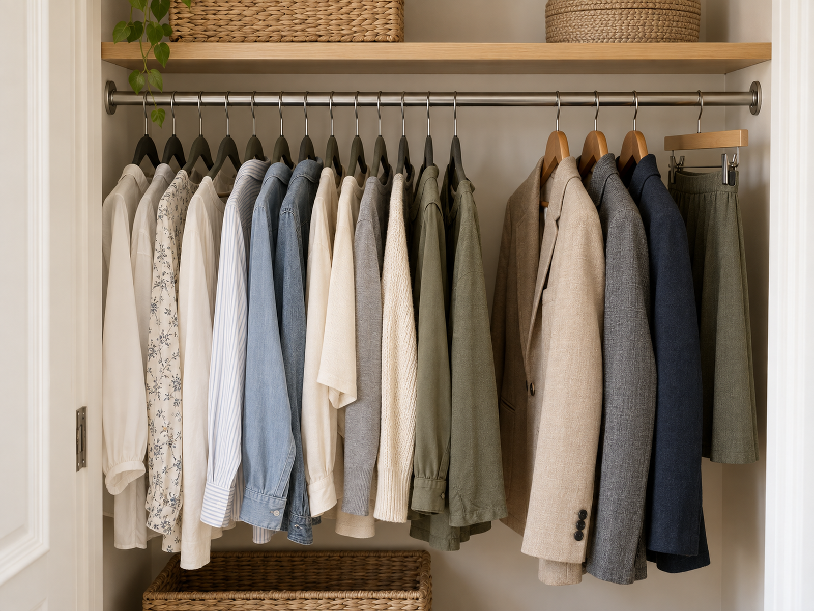 Organized small closet using mostly slim hangers, wider support for selected structured garments, and enough space to slide and retrieve clothes.