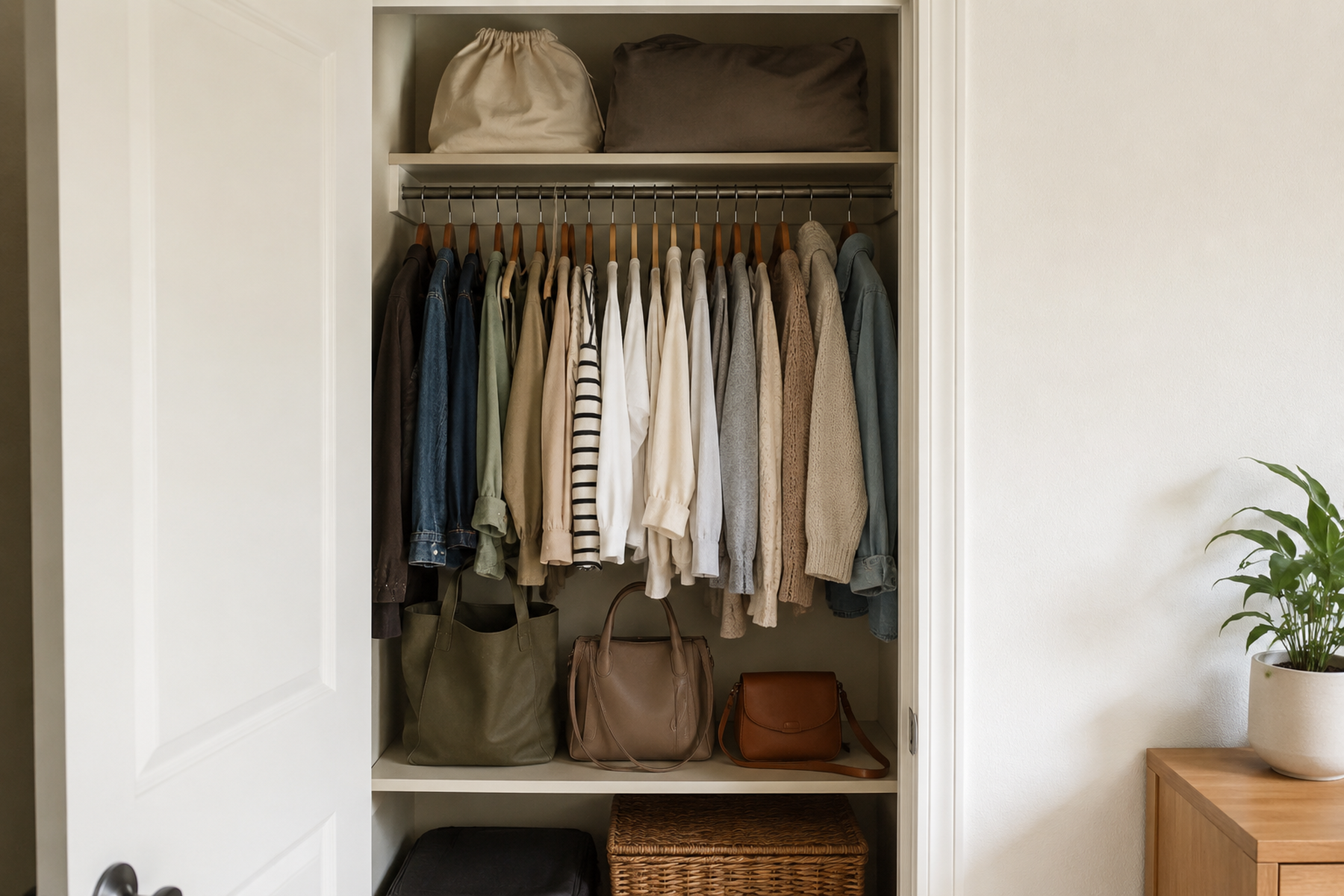Small reach-in closet with three regular-use handbags upright on an accessible shelf, two occasional bags higher up, and clothing space still usable.