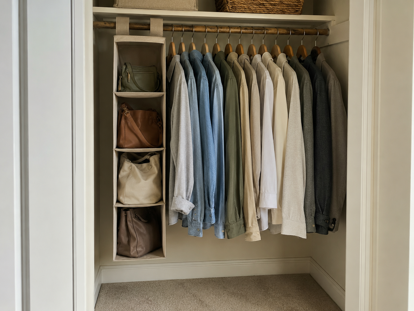 Hanging fabric organizer holding four handbags on part of a small closet rod while clothing remains accessible beside it.