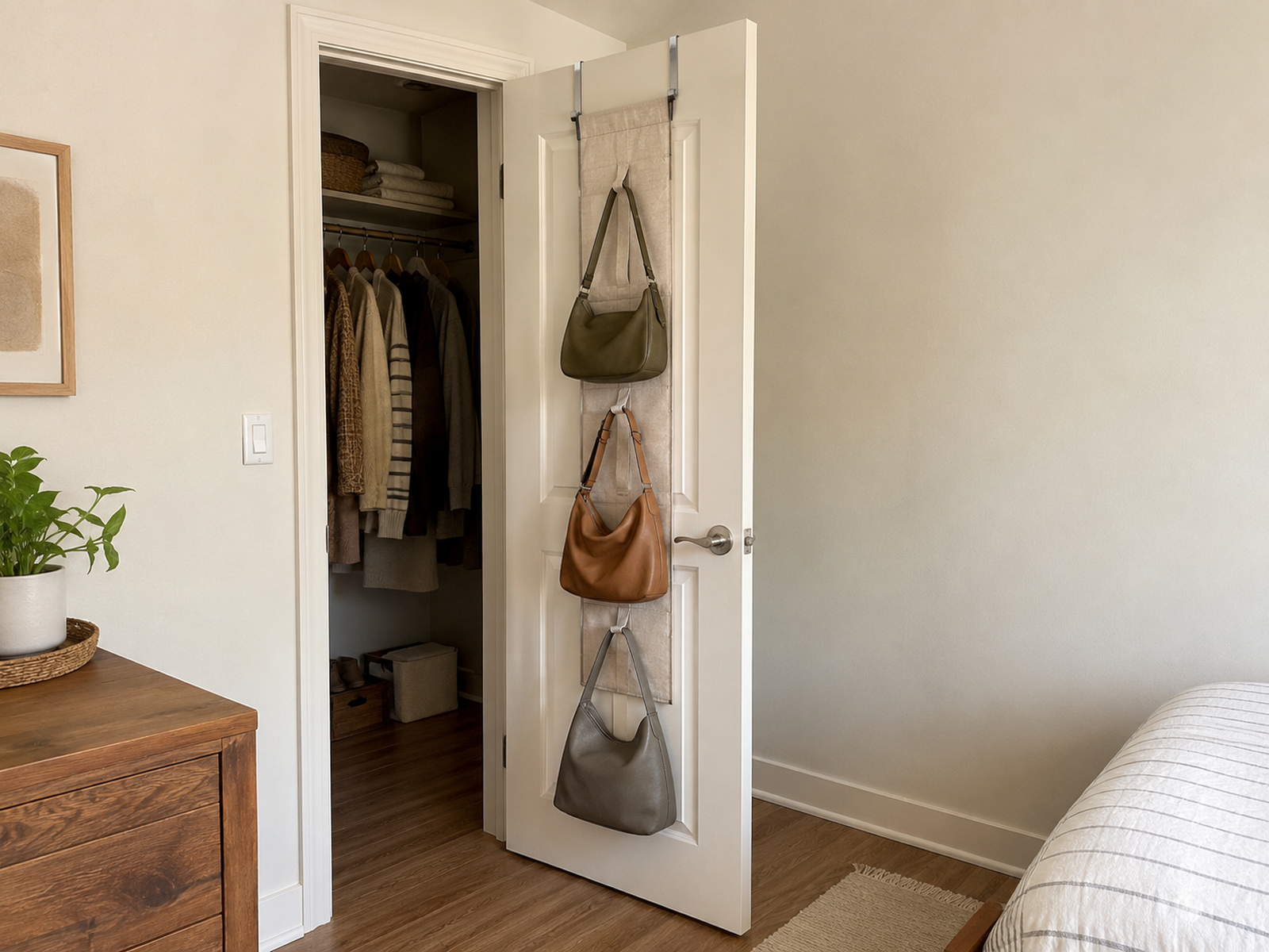 Hinged closet door with three handbags on an over-door organizer, shown partly open with the top mounts, latch, and walking clearance visible.