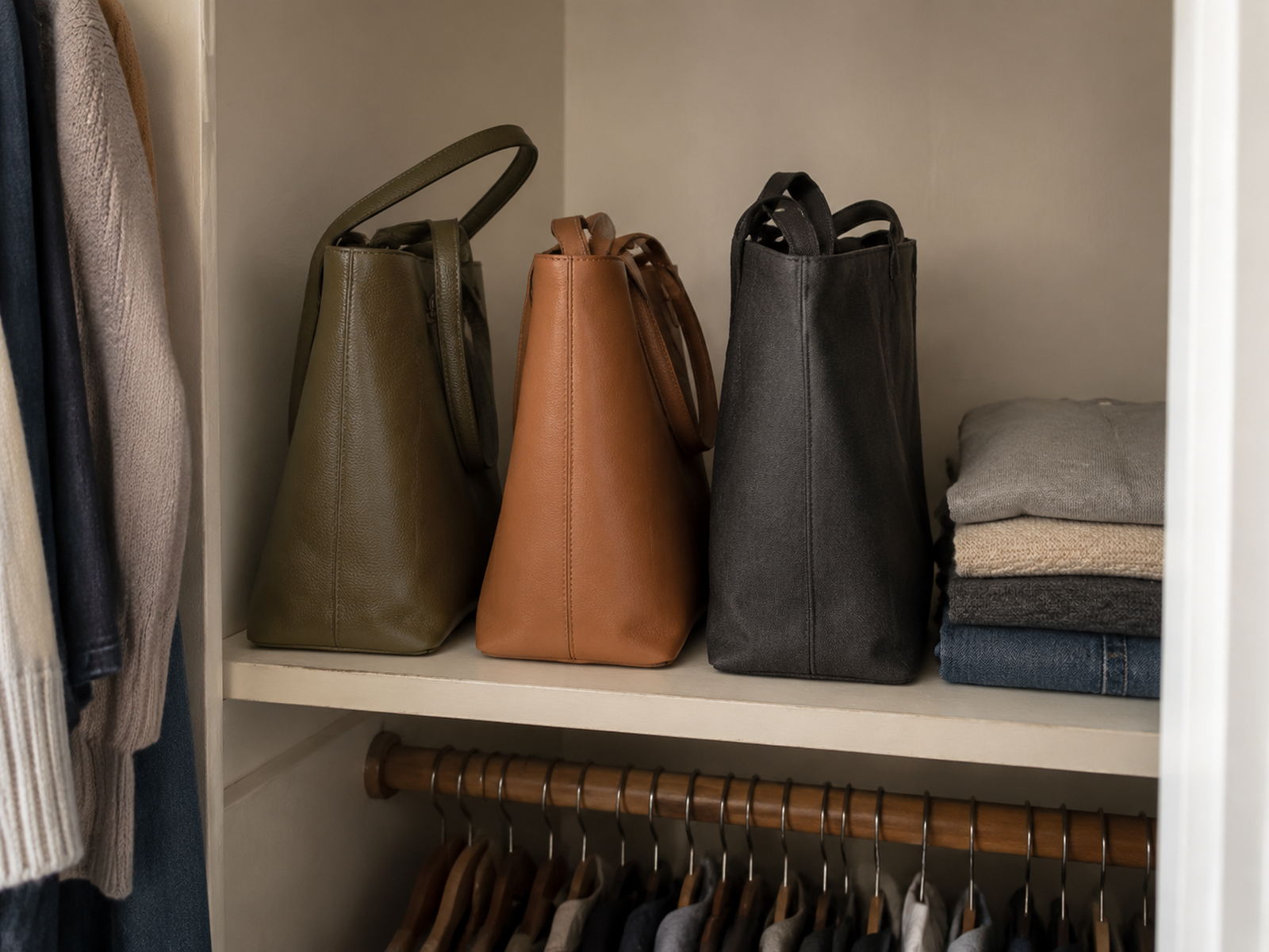 Three structured handbags stored upright and individually accessible on a compact closet shelf with their straps not carrying the bags' weight.
