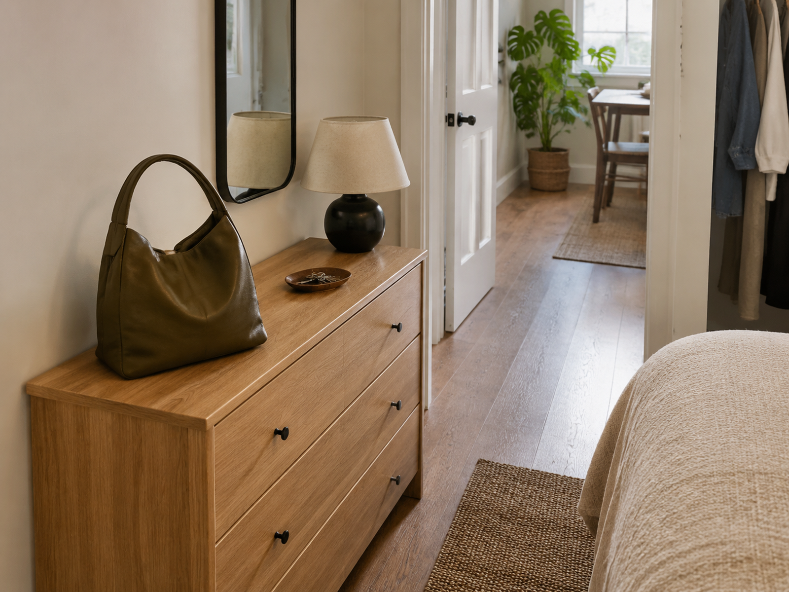 One current-use handbag in a defined grab-and-go spot on an existing dresser in a compact bedroom without blocking drawers or circulation.