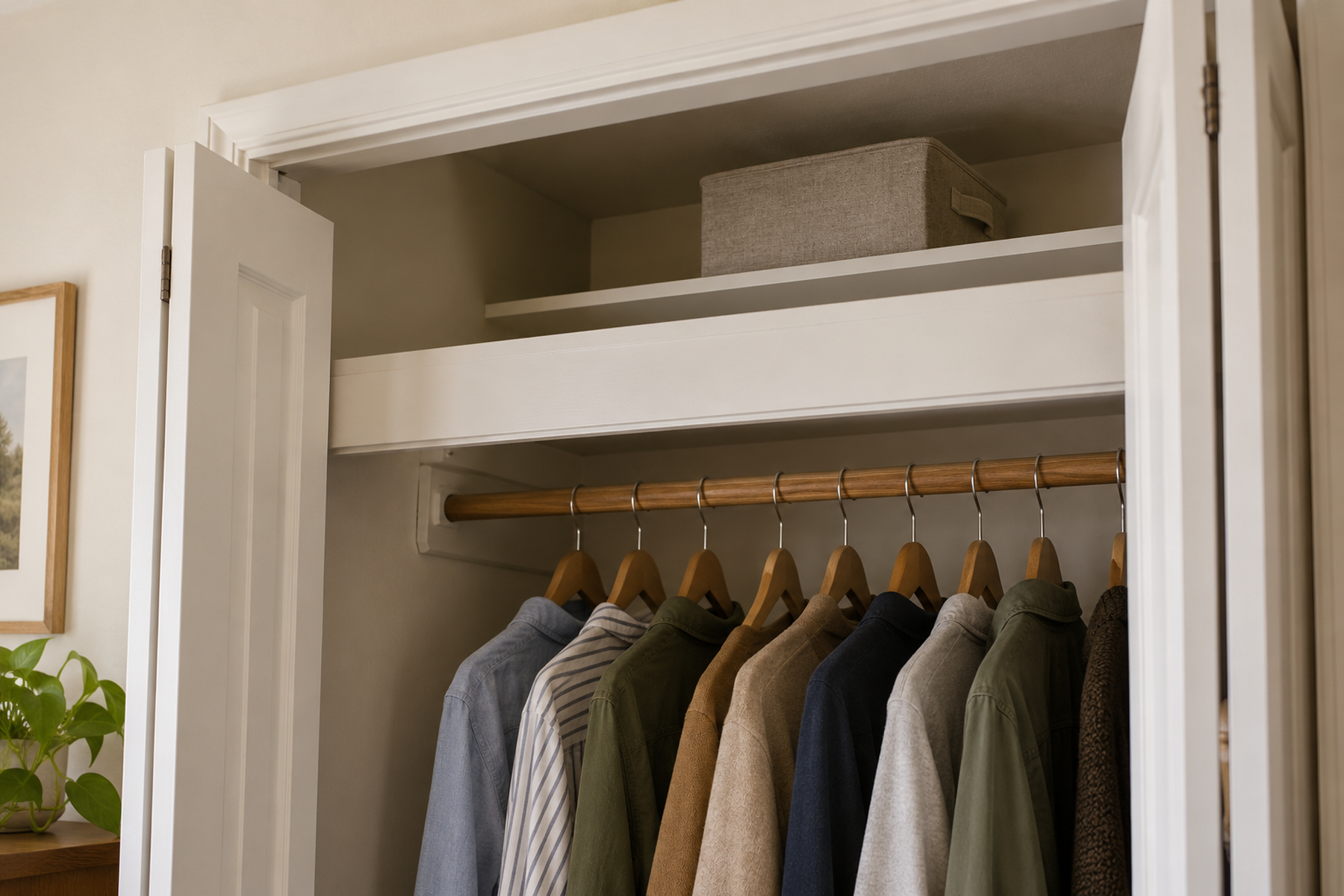 Small reach-in closet with a high interior shelf and fabric bin positioned above a lower front header and hanging rod.