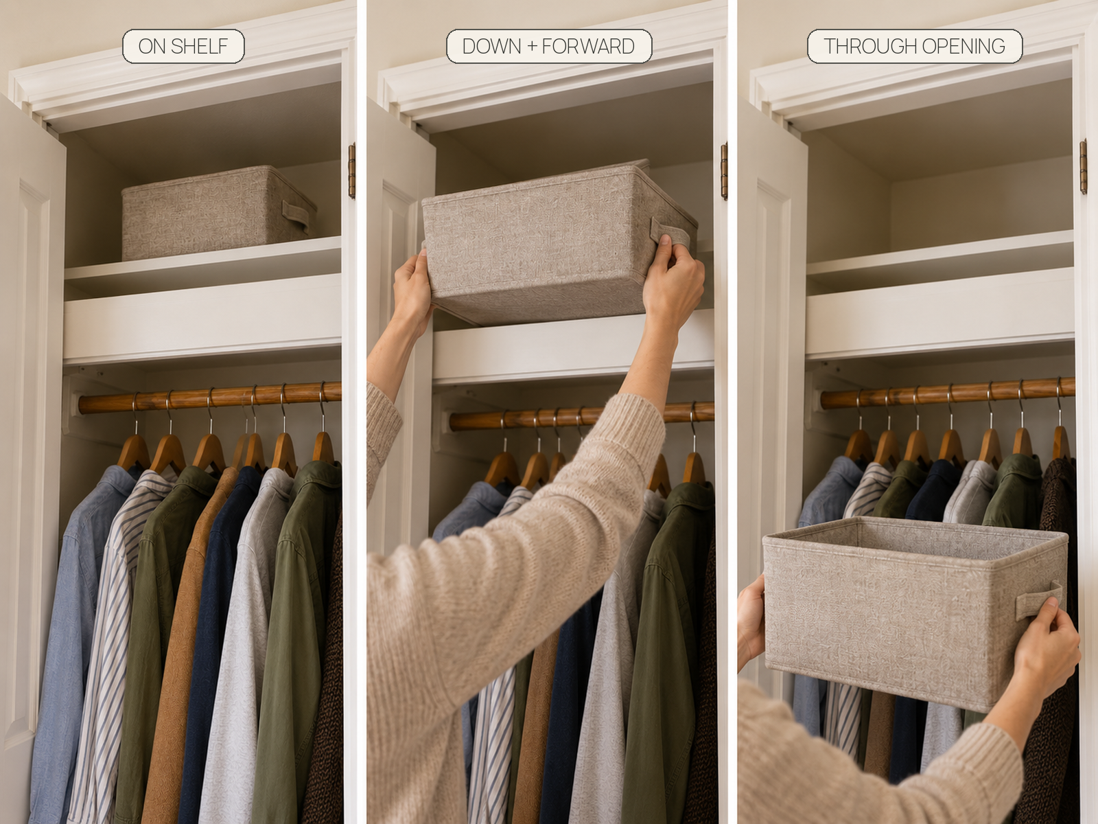 Three-state sequence showing the same fabric bin moving from a high closet shelf down and forward, then through the lower opening.
