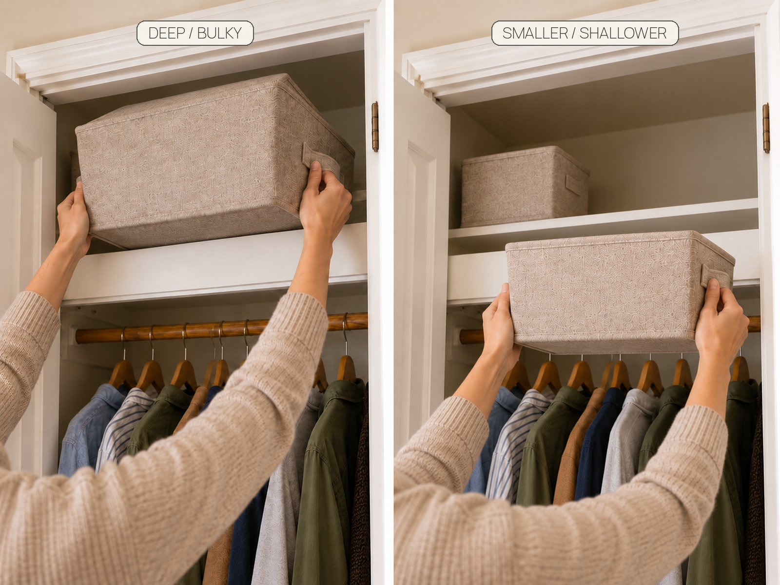 Side-by-side comparison of a deep bulky bin constrained behind a closet header and a smaller shallower bin clearing the same opening.