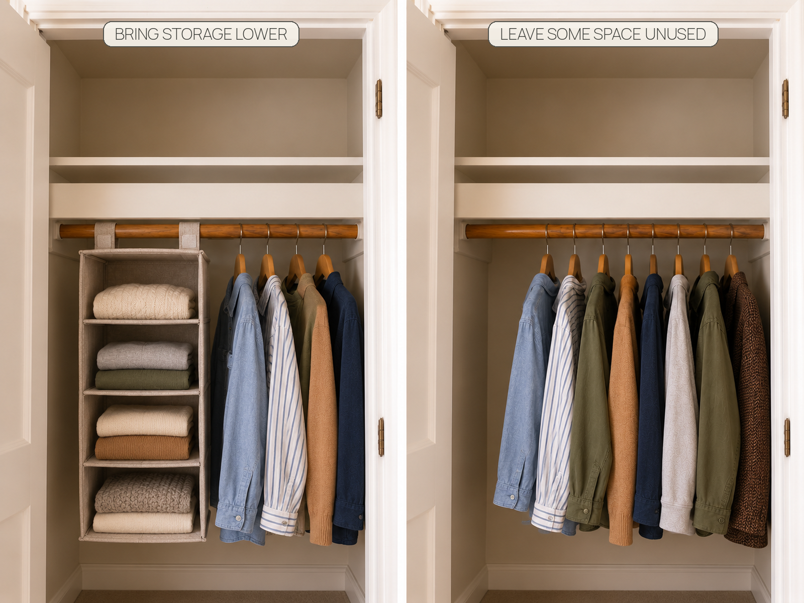 Comparison of an empty high shelf with a removable rod-hung organizer below and the same closet intentionally leaving the upper space unused.