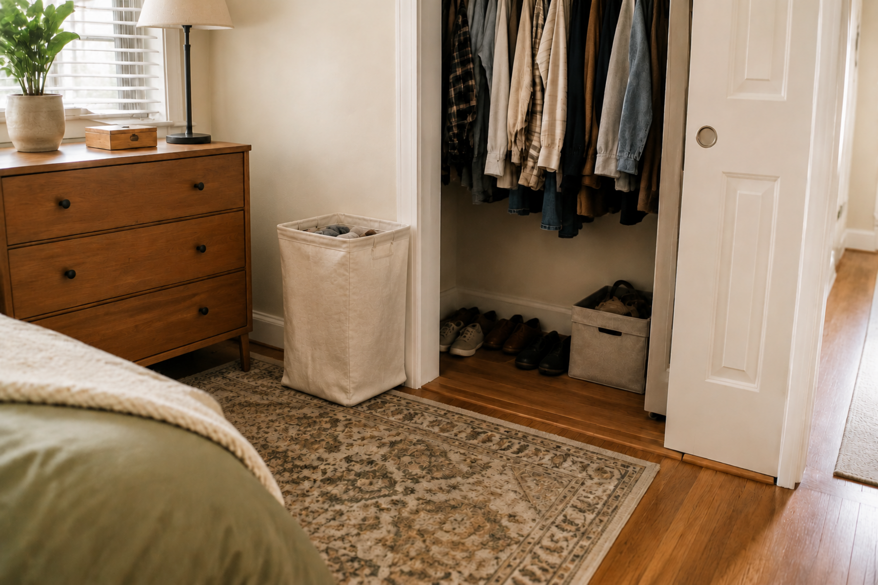Compact bedroom closet with shoes and a storage bin on the floor, while a freestanding fabric hamper sits beside the dresser outside the closet without blocking the threshold or drawers.