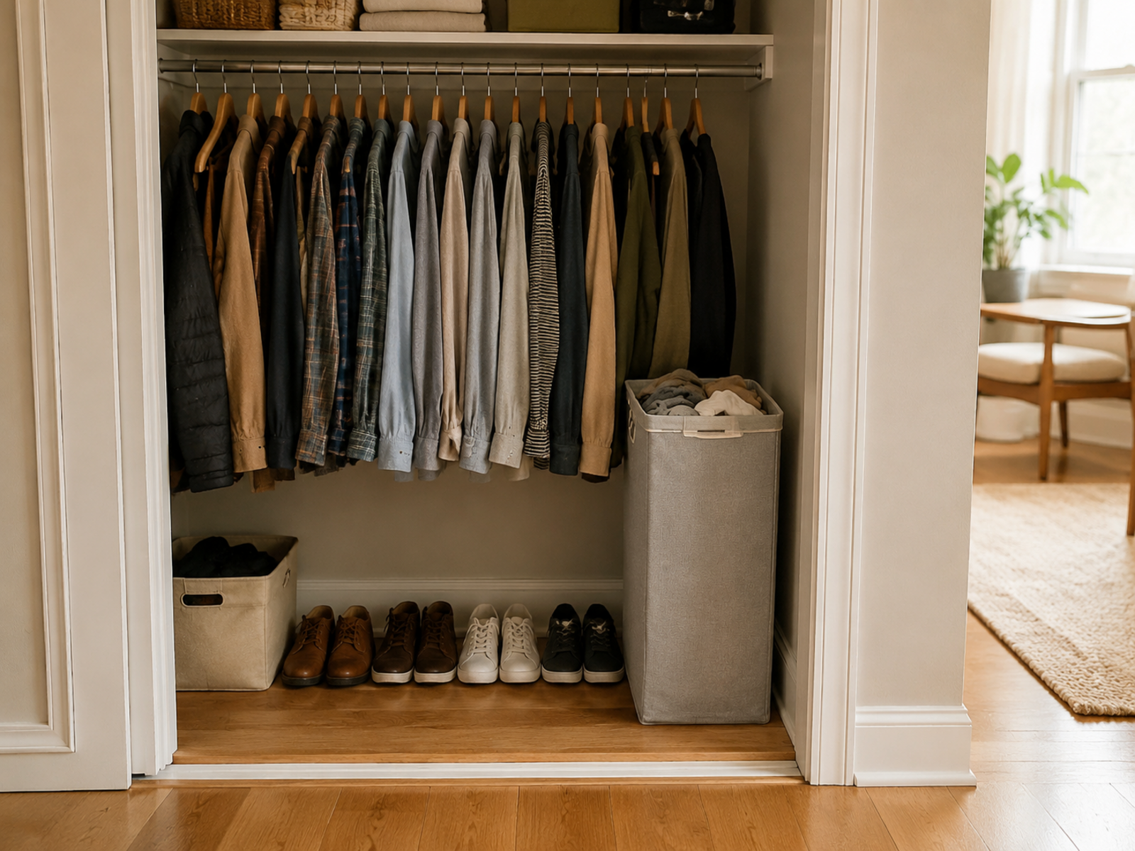 Narrow freestanding hamper in the right side strip of a small reach-in closet, with hanging clothes, shoes, a low fabric bin, and the central threshold remaining accessible.