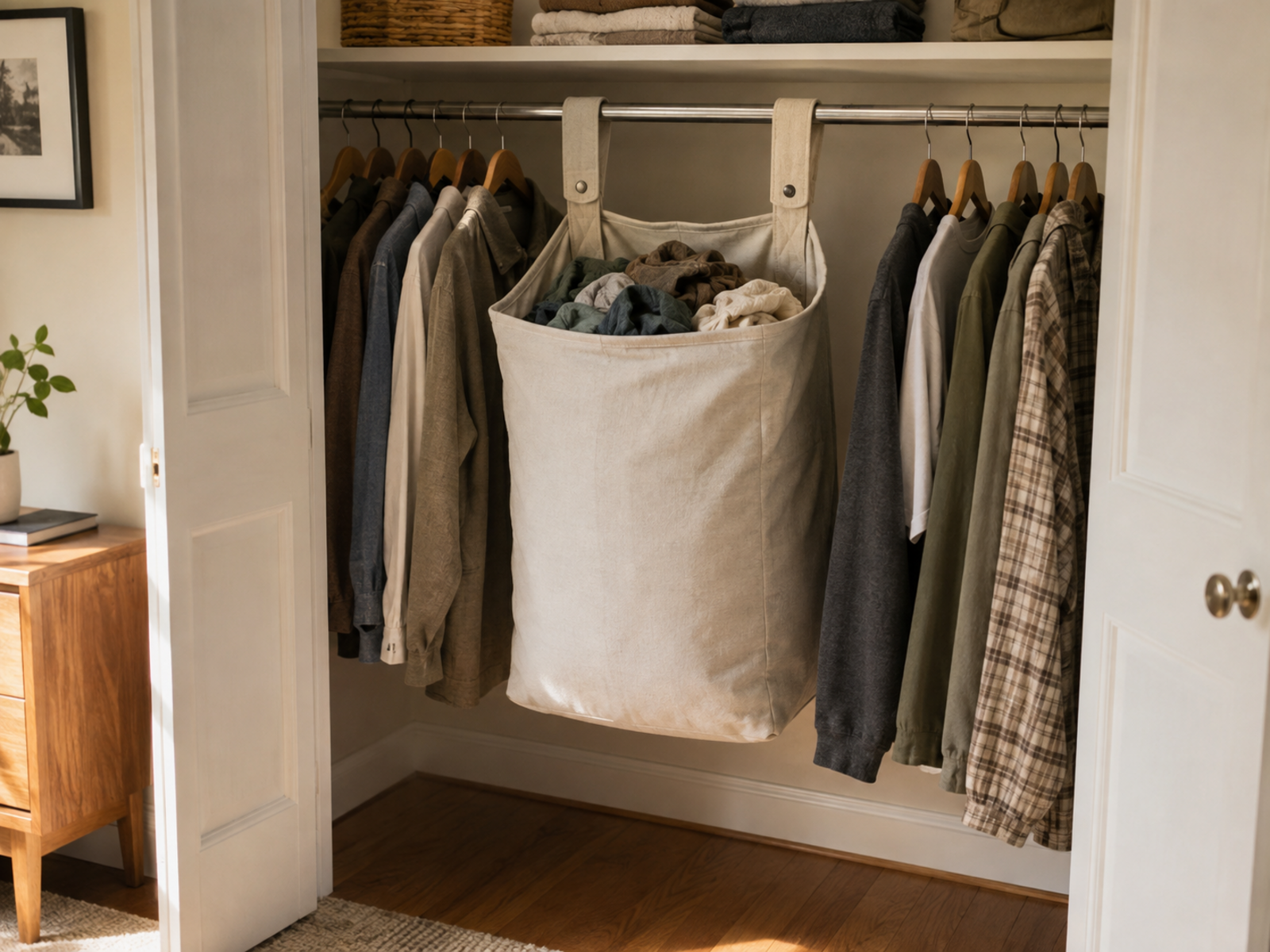 Moderately filled fabric laundry bag suspended by two loop straps from a small closet rod, using part of the hanging width while the floor below remains clear.
