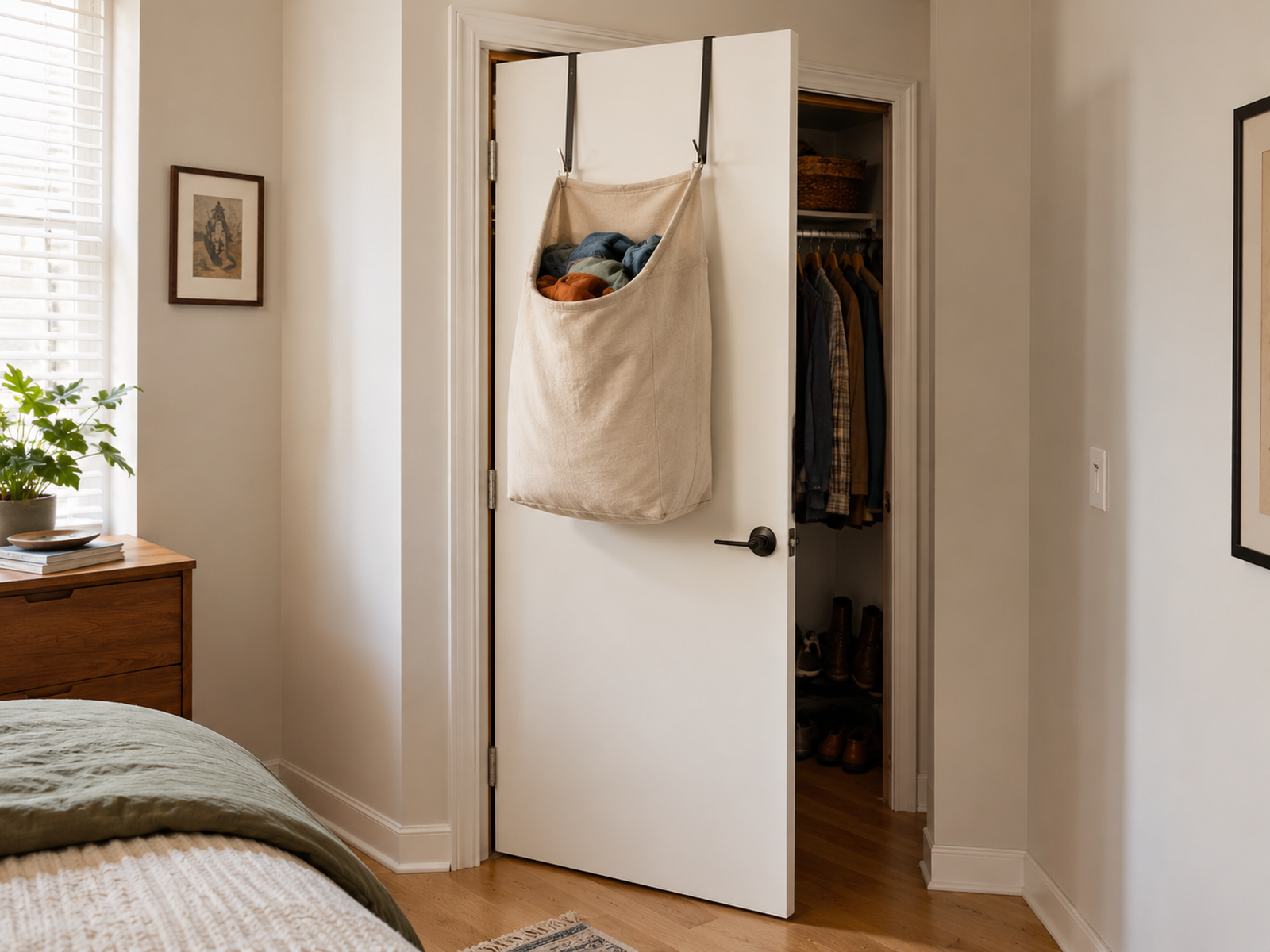 Moderately loaded canvas laundry hamper on a partly open hinged closet door, with two over-door supports, the handle, hinges, trim, and remaining floor clearance visible.
