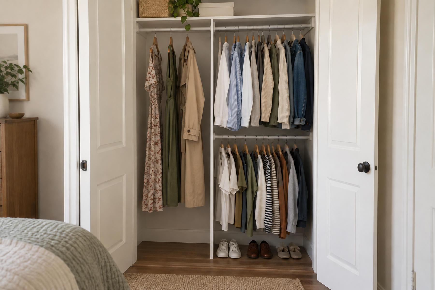 A small reach-in closet with three long garments in a full-height bay beside short garments on two levels, with shoes stored under the short-garment section.
