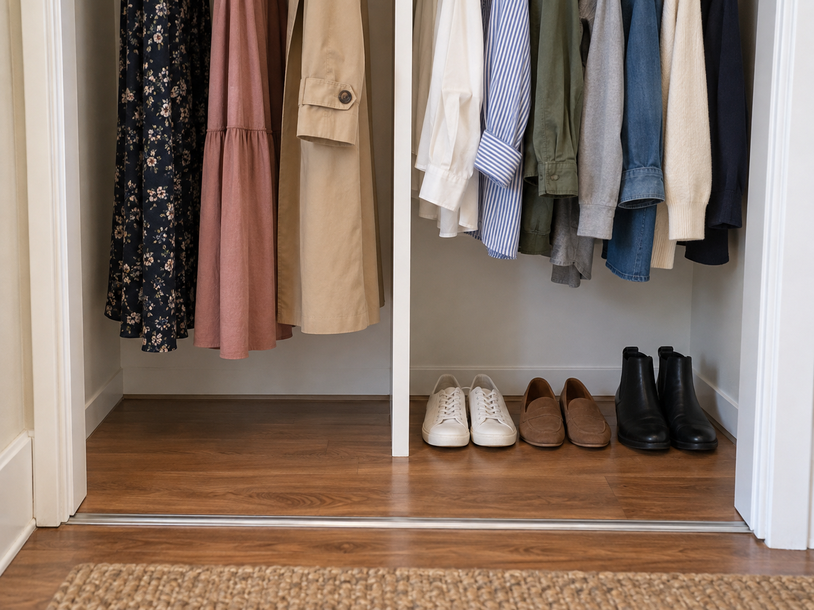 Long dresses and a coat hang freely above a clear closet floor while three pairs of shoes sit under the adjacent short-garment section.