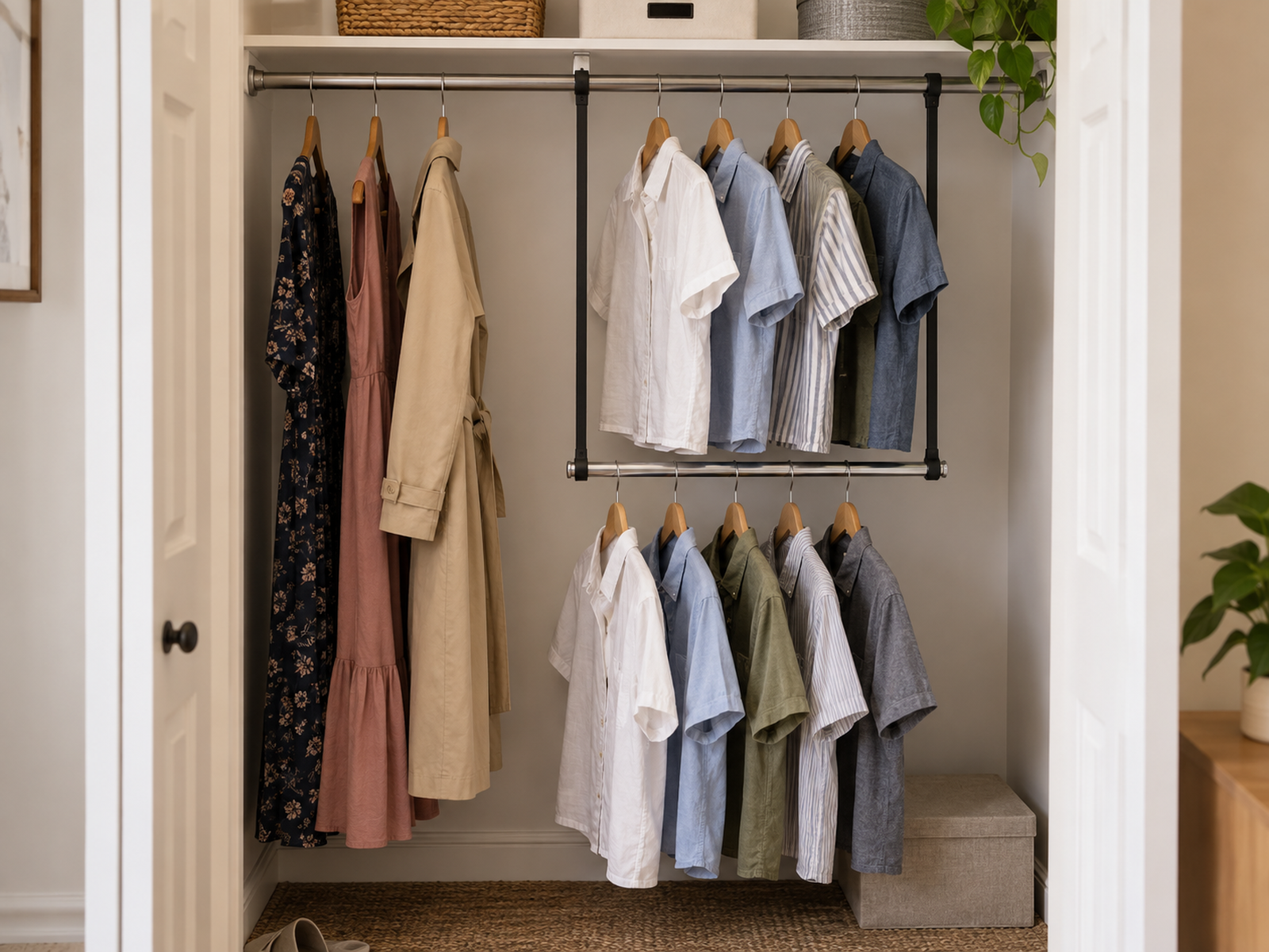 A removable lower closet rod hangs from two supports and holds lightweight shirts in the short-garment bay beside a separate full-height bay for long dresses and a coat.