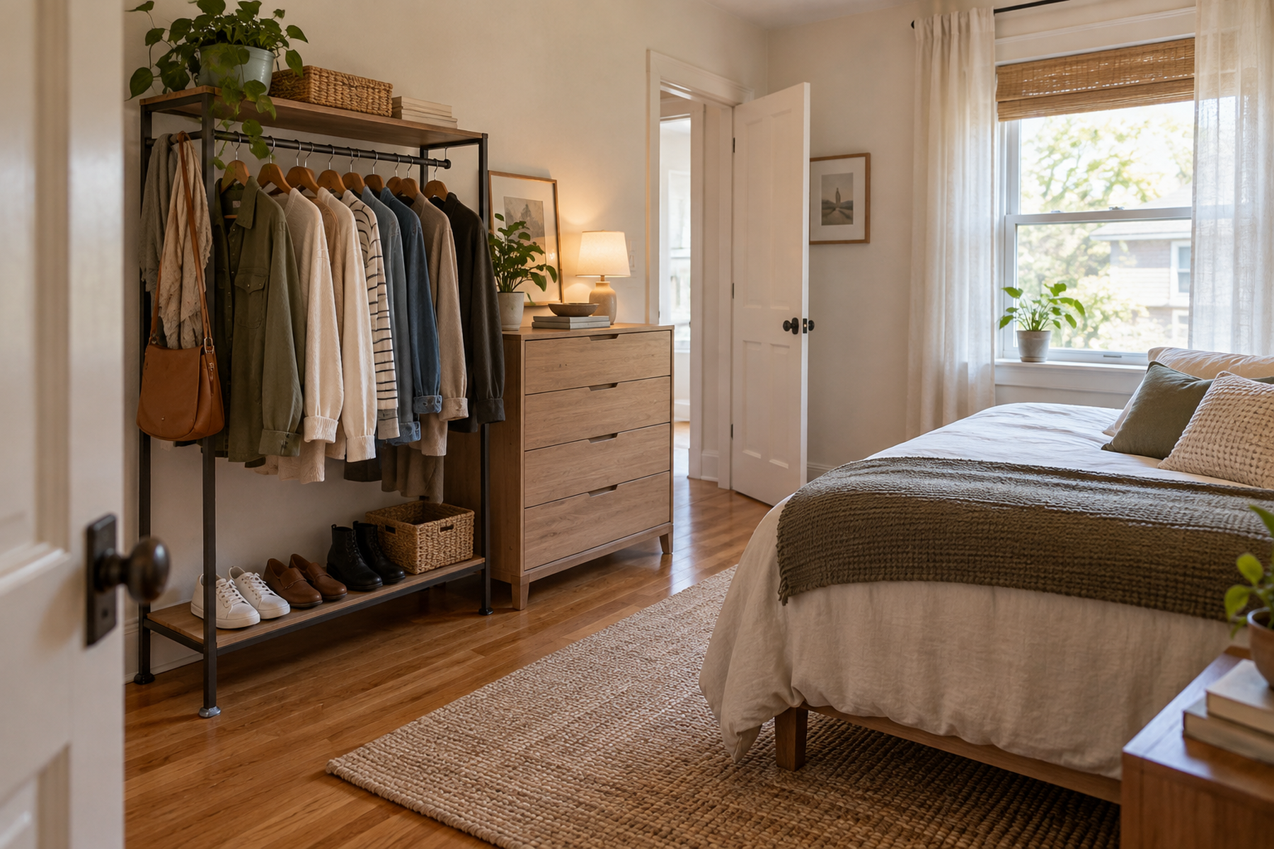 A small bedroom without a built-in closet uses one wall for a garment rack, drawers, and compact shoe and accessory storage while keeping the bed and doorway path clear.