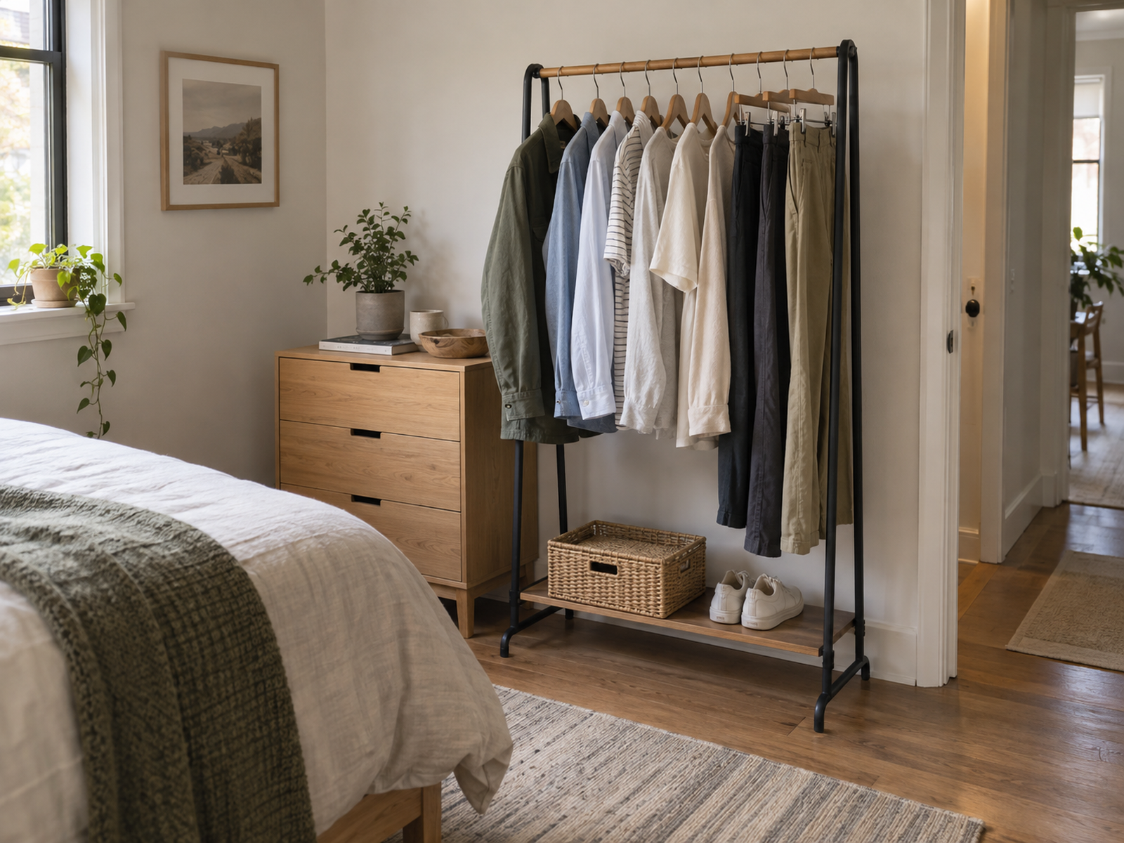 A stable freestanding garment rack holds a moderate daily clothing set beside compact drawers without blocking the bedroom walkway.