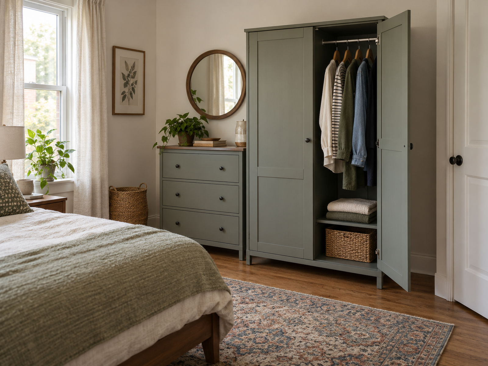 A compact closed wardrobe and drawer unit fit one small-bedroom wall with enough clearance to open the wardrobe without blocking the bed path.