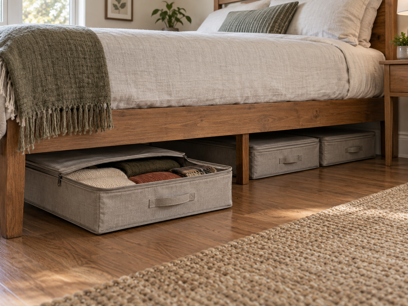 Three low-profile containers fit beneath a supported bed frame, with one pulled out to reveal neatly folded seasonal clothing and a clear retrieval area.