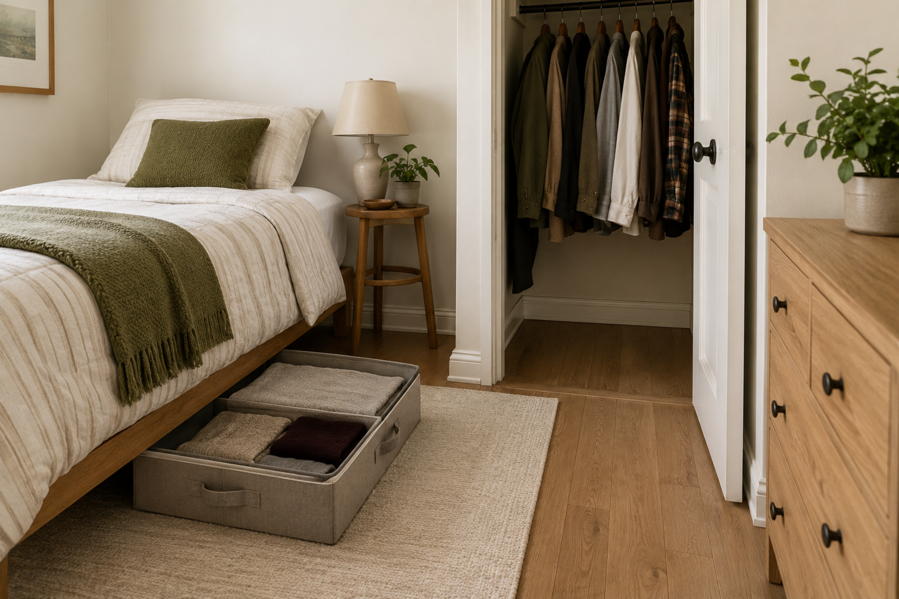 Small bedroom with an accessible current-season closet and a low-profile fabric case of folded off-season clothes partly pulled from under the bed.