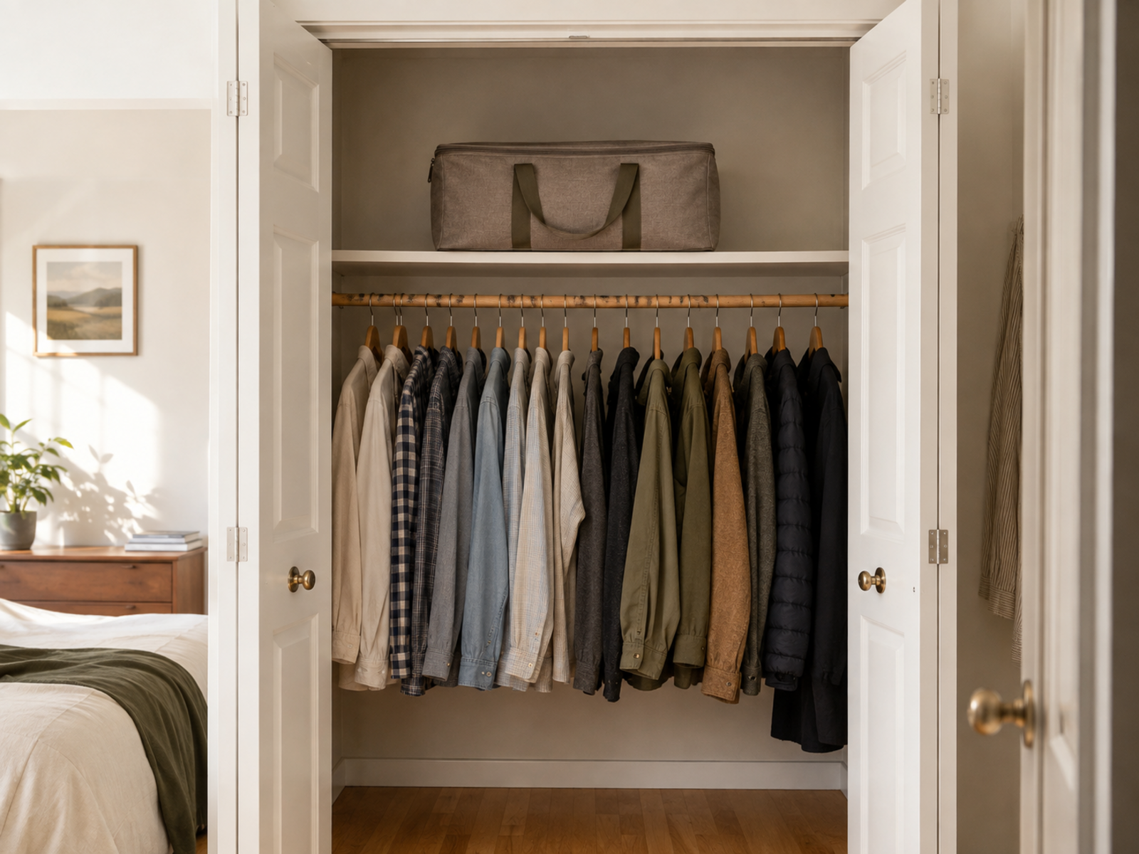 Light fabric case on an existing high shelf above accessible current-season clothing in a small closet with both doors open.
