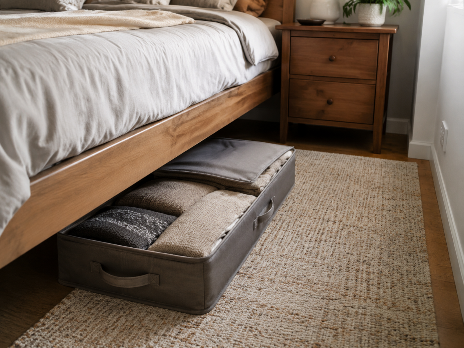 Shallow fabric case of folded off-season clothes partly pulled beneath a low wood bed rail, with the nightstand and walkway clear.