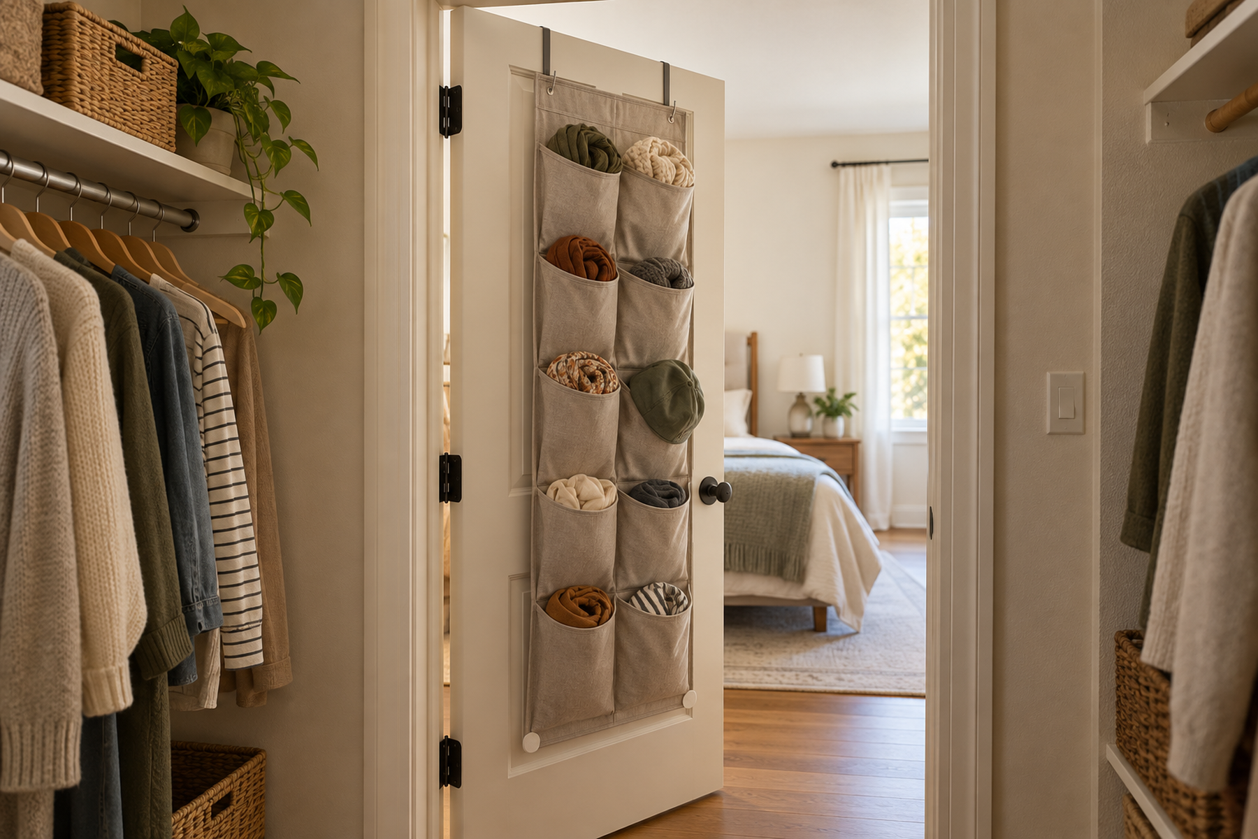A shallow over-the-door organizer on a hinged closet door that remains aligned and opens normally with clear space around the frame and room.