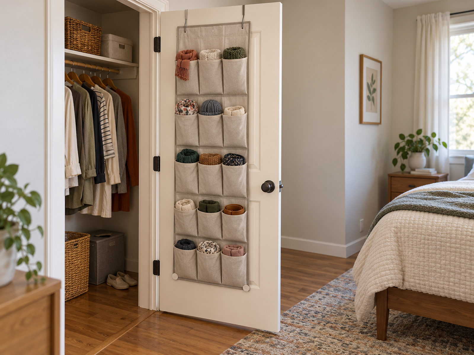 A lightly loaded soft-pocket organizer stays close to an open closet door while clearing the bed, wall, and closet contents.