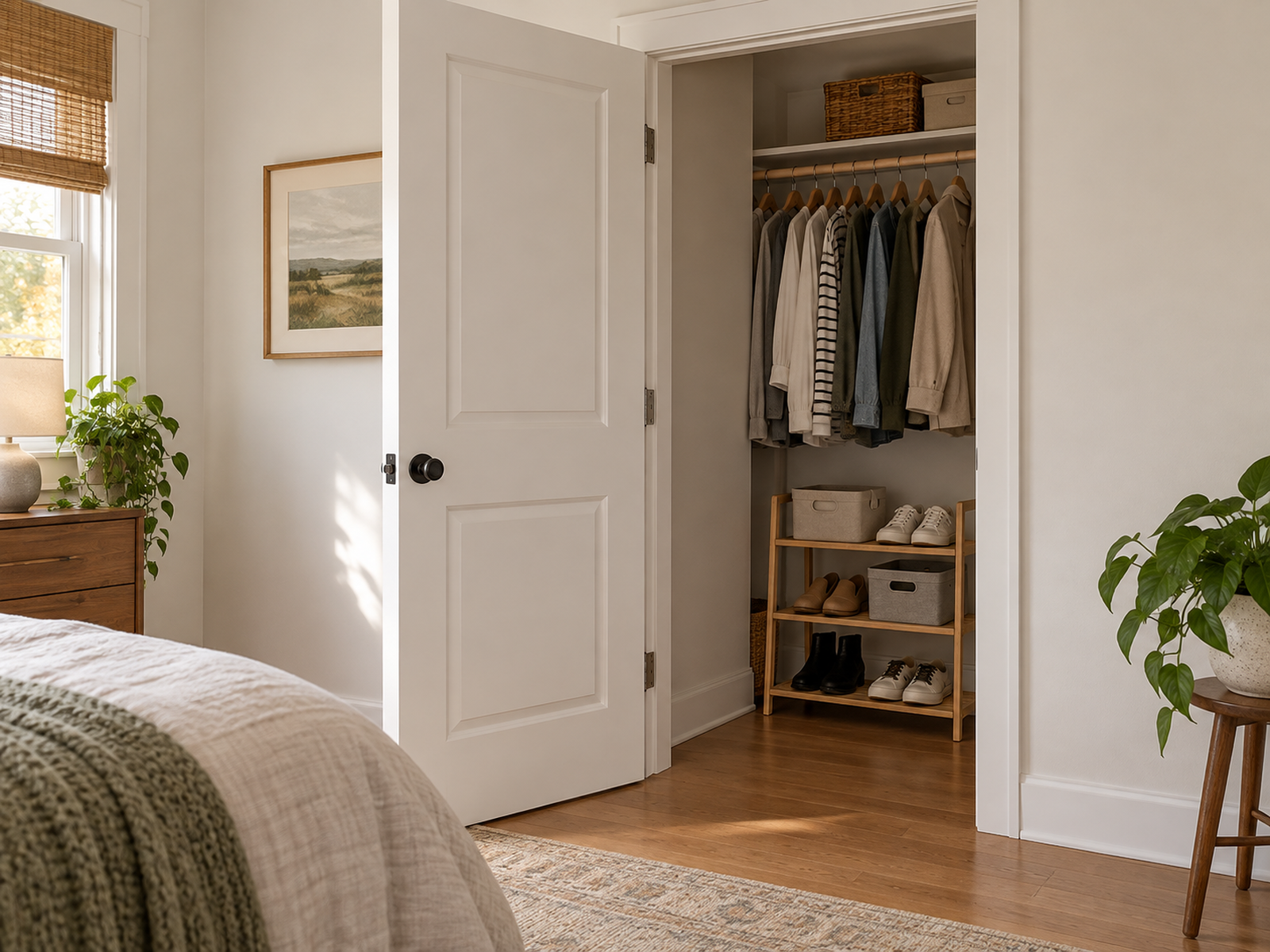 A bare hinged closet door opens normally beside a compact freestanding shelf that organizes shoes and small fabric bins inside the closet.