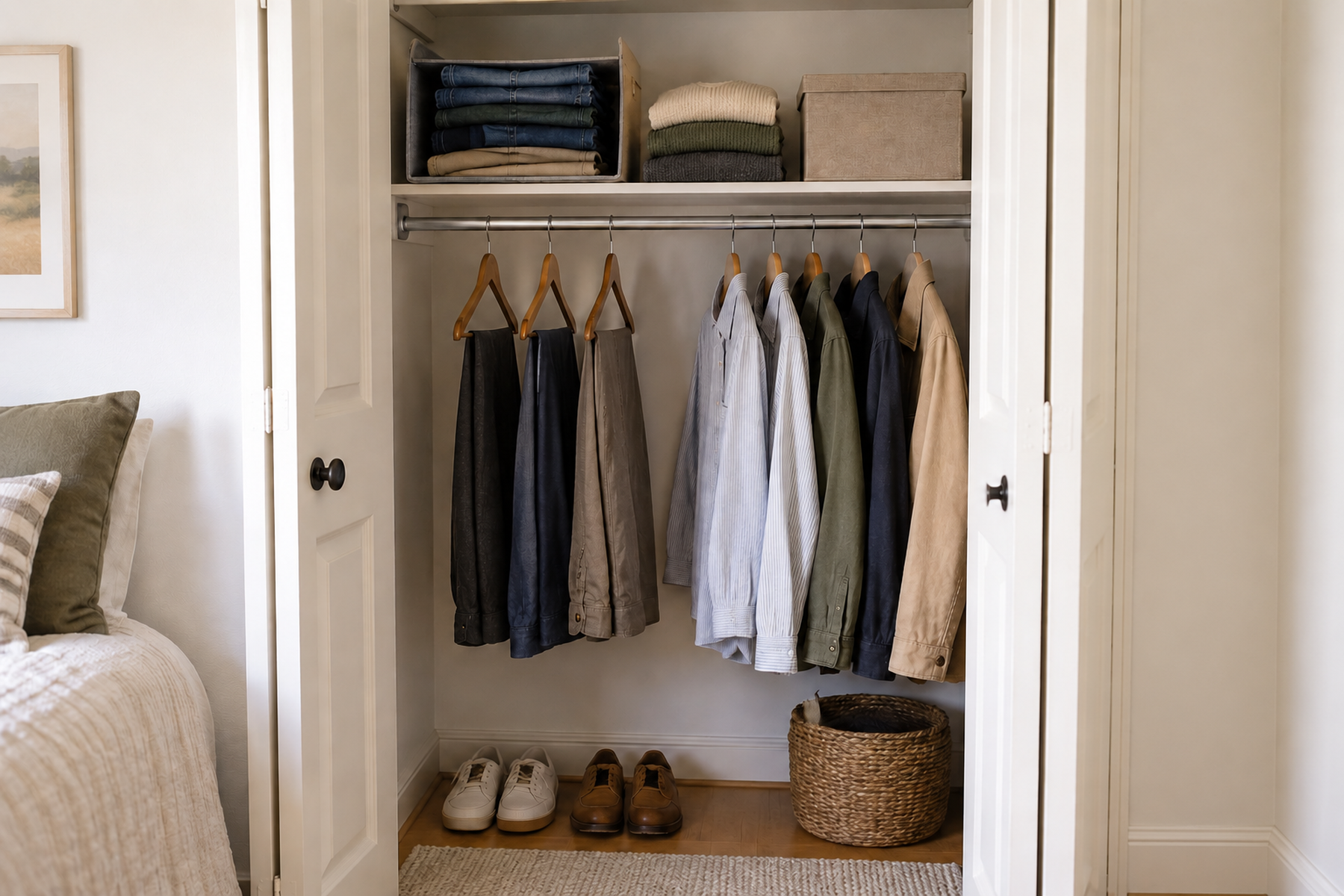 A small reach-in closet stores everyday jeans and casual pants in a folded shelf bin while three tailored trousers hang separately and the remaining rod and floor stay usable.