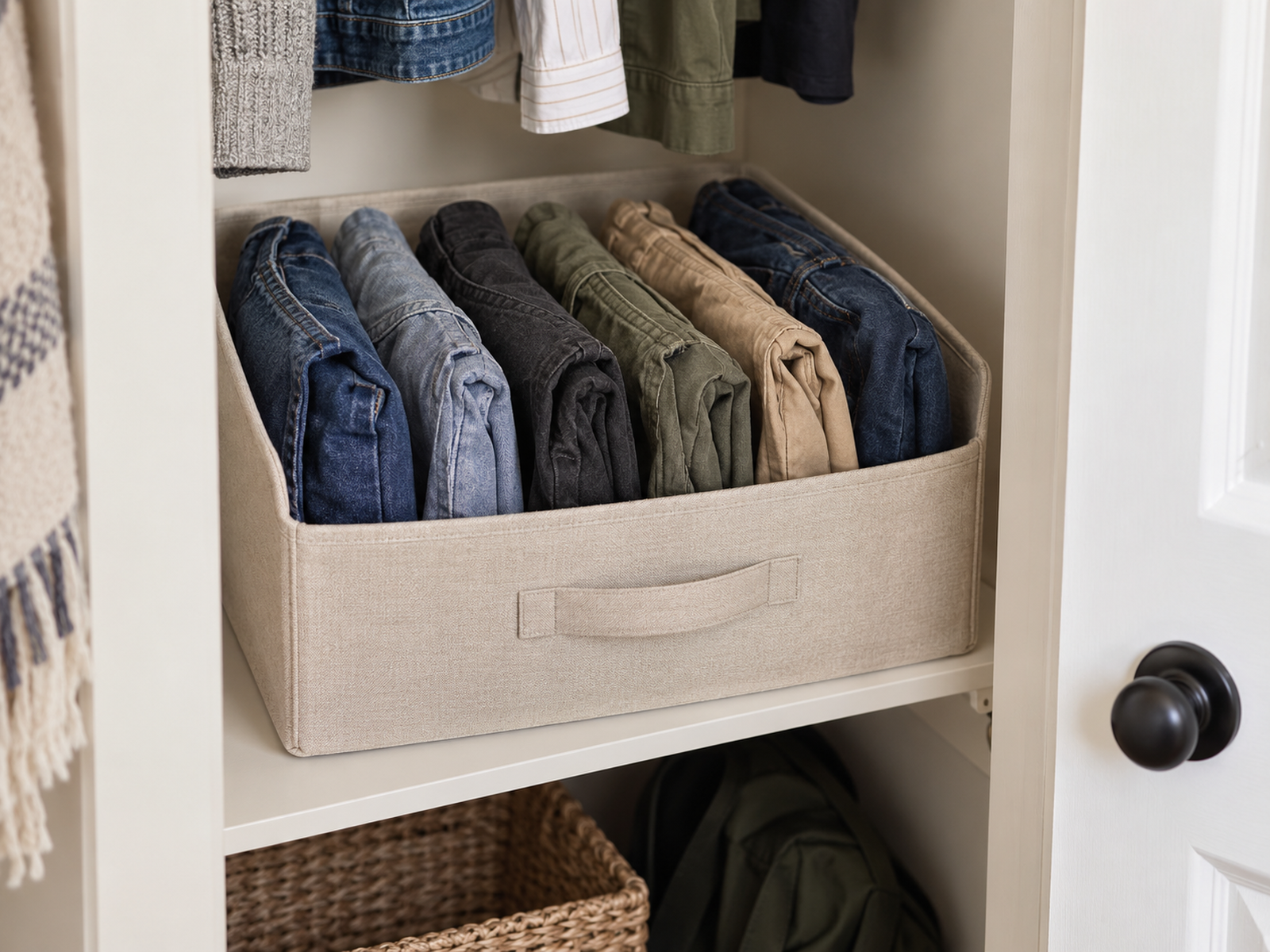 Six pairs of jeans and casual pants stand upright in one row inside a removable closet bin, leaving each folded pair visible and independently accessible.