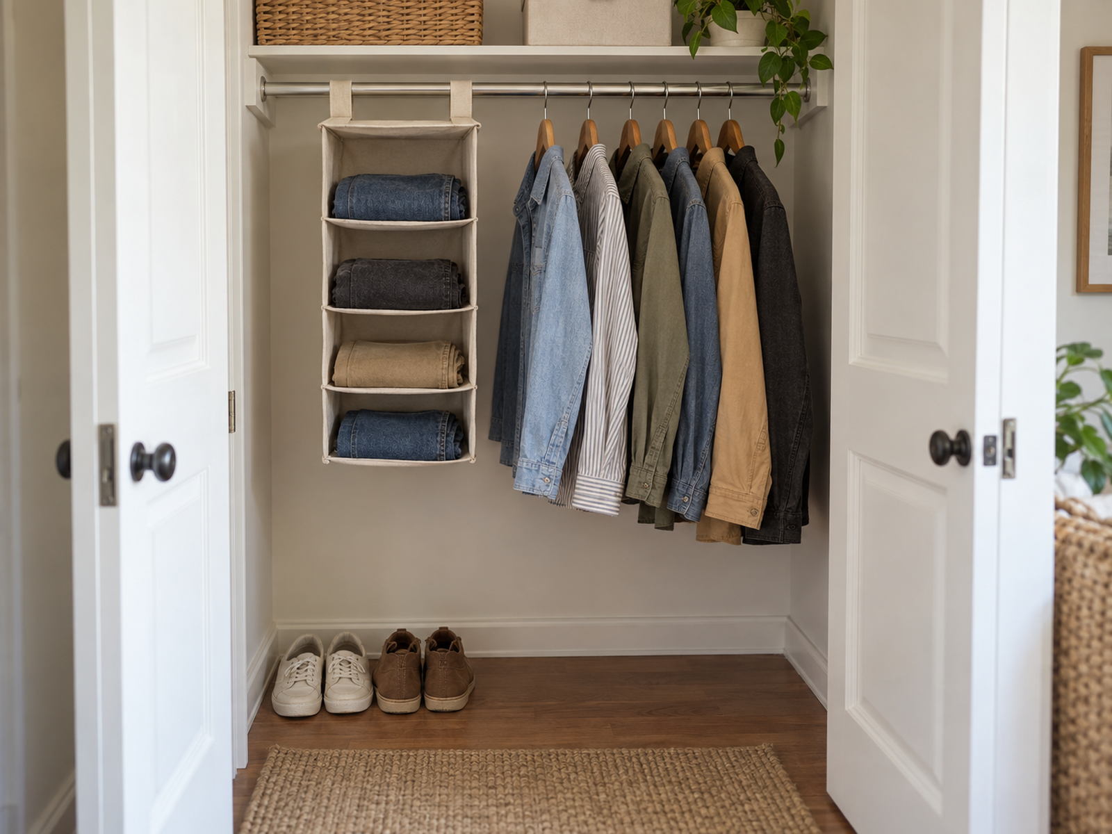 A narrow hanging organizer holds four folded pairs of pants while most of the closet rod and the open floor remain available for shirts, jackets, and shoes.
