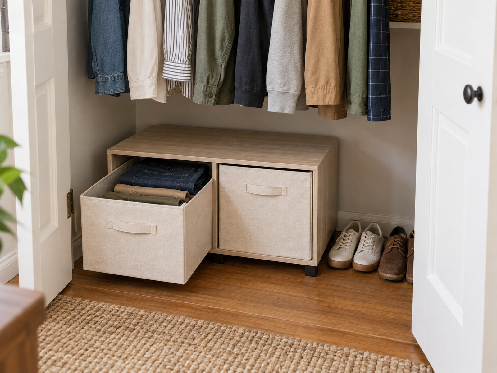 Folded jeans and casual pants sit in a partly open fabric drawer inside a low freestanding two-cube unit beneath short hanging clothes in a small closet.
