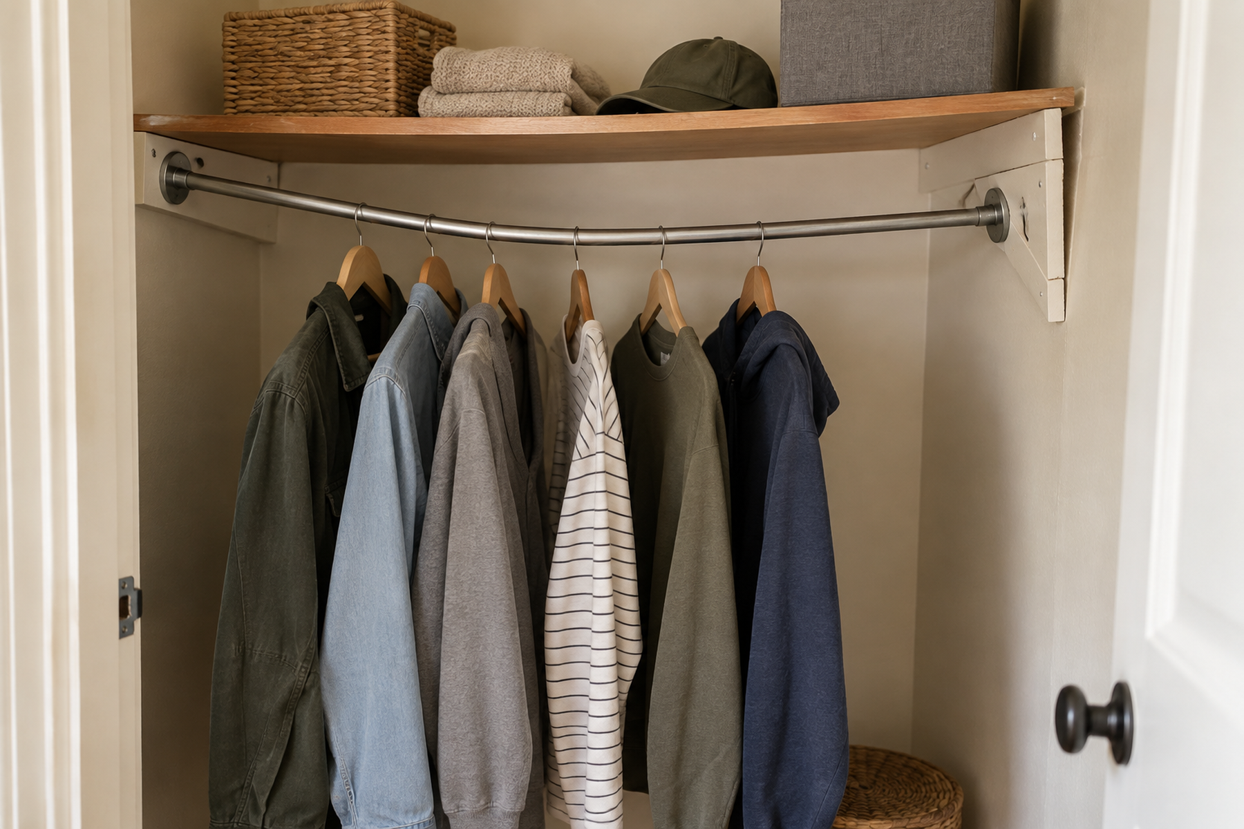 A small closet has a sagging clothes rod and a shelf-and-bracket assembly beginning to separate from the wall under a reduced clothing load.
