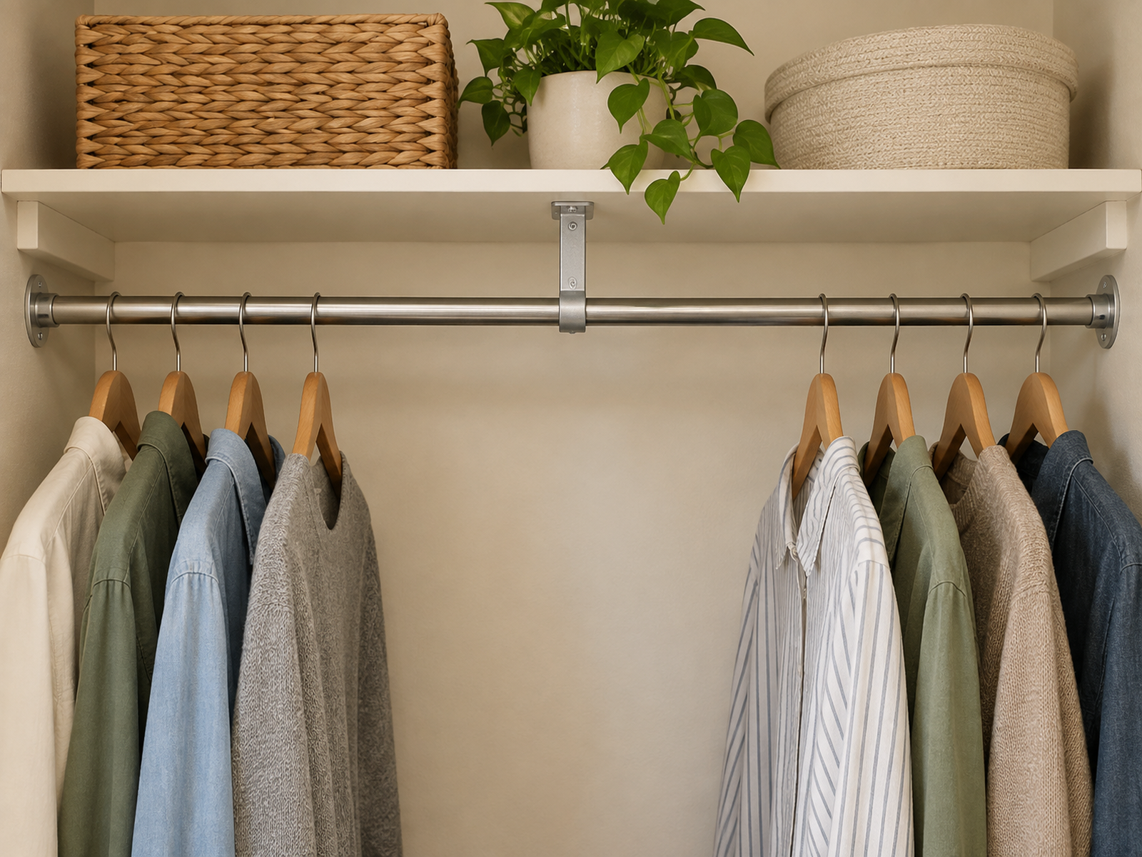 A straight closet rod is supported at the center by a purpose-designed bracket attached to an intact, level shelf system.