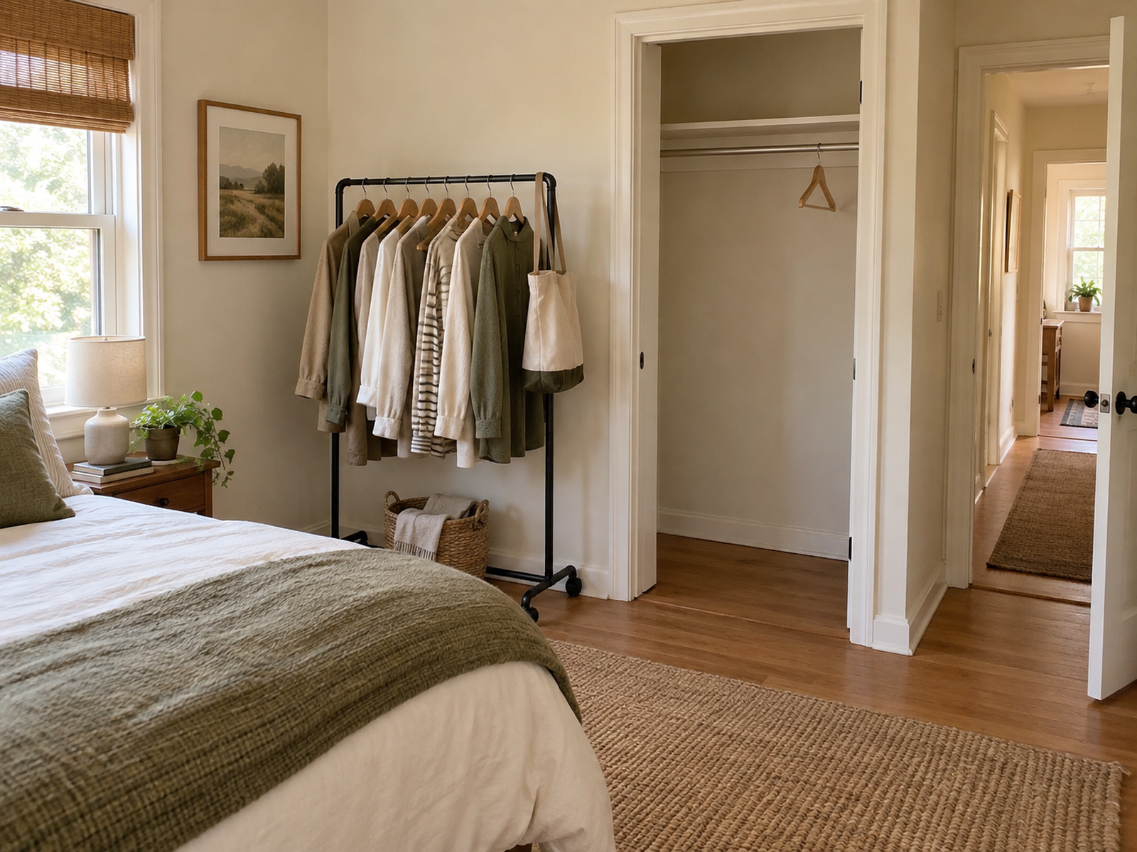 A compact freestanding garment rack temporarily holds essential clothes beside an unloaded built-in closet while bedroom circulation remains clear.