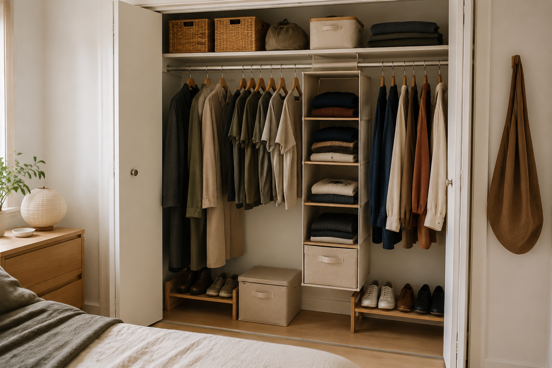 A compact shared reach-in closet has two distinct personal zones, with more hanging width and protected long garments on one side and more folded shelf storage on the other.