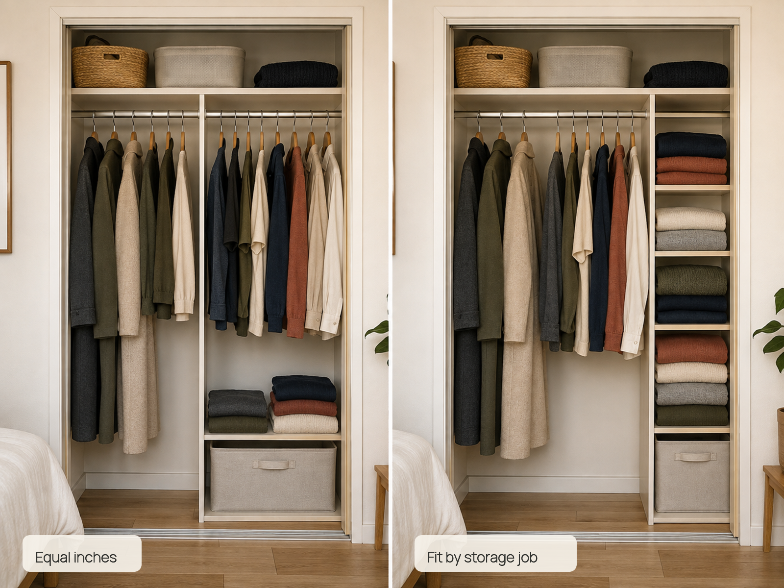 The same compact shared closet is shown with equal-width personal sections in one view and an asymmetric arrangement fitted to long-hang and folded-storage needs in the other.