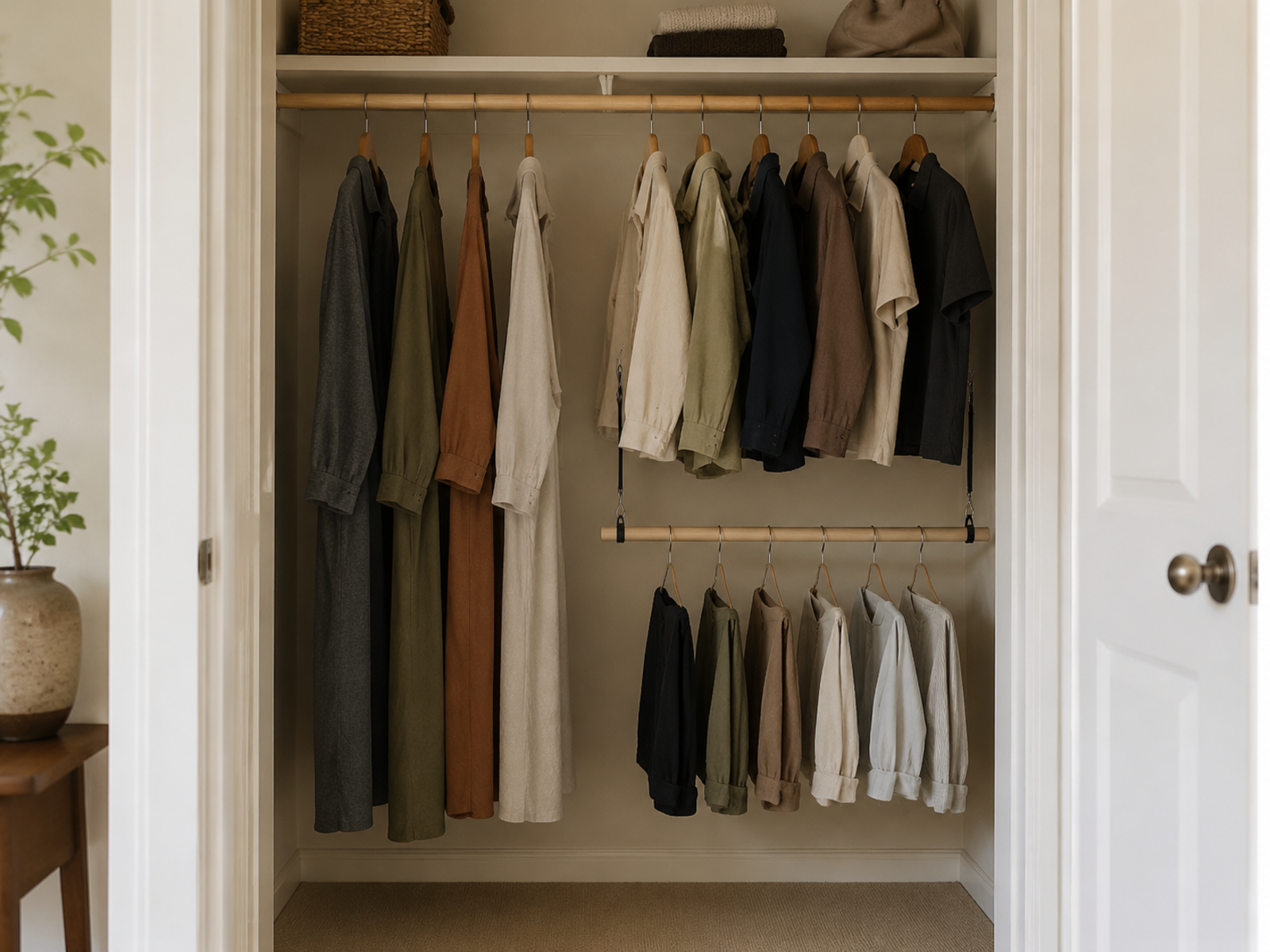 A compact shared closet has full-length garments hanging freely in one column beside short garments arranged on an upper rod and a removable lower rod.