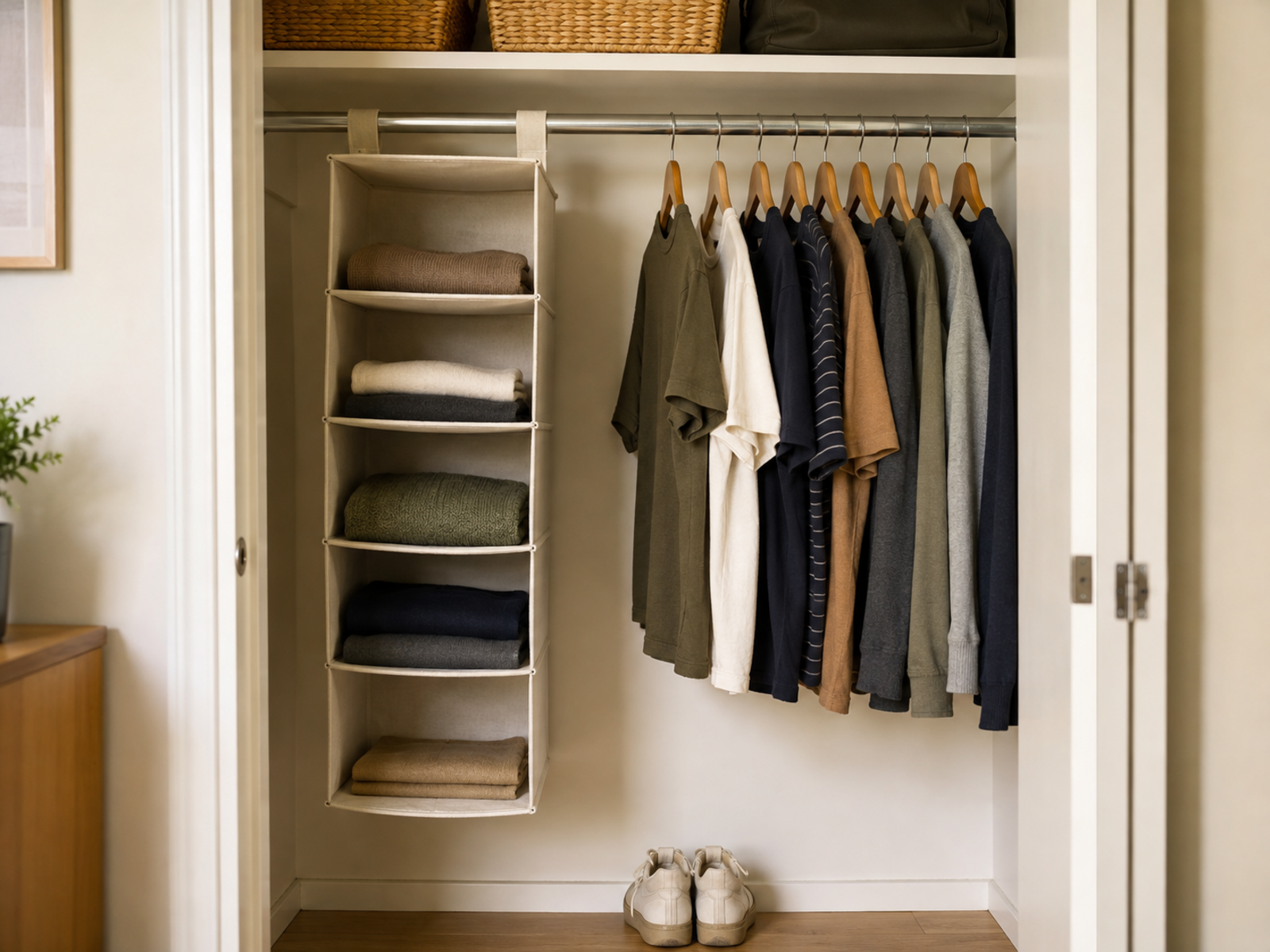 A six-compartment fabric hanging organizer uses part of a compact shared closet rod for folded clothes beside the remaining row of hanging shirts.