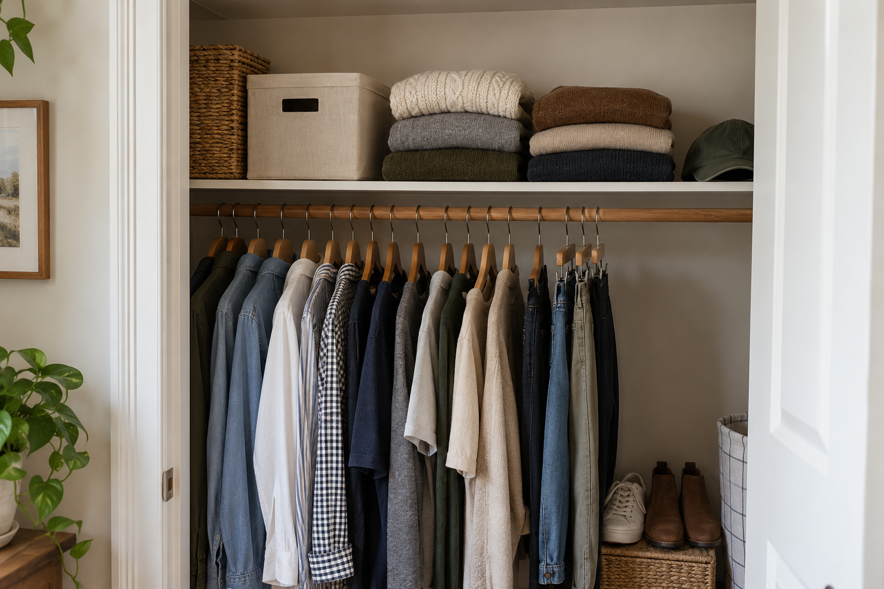 A compact reach-in closet with two short stacks of folded sweaters on a limited shelf above hanging clothes, leaving room for other storage.