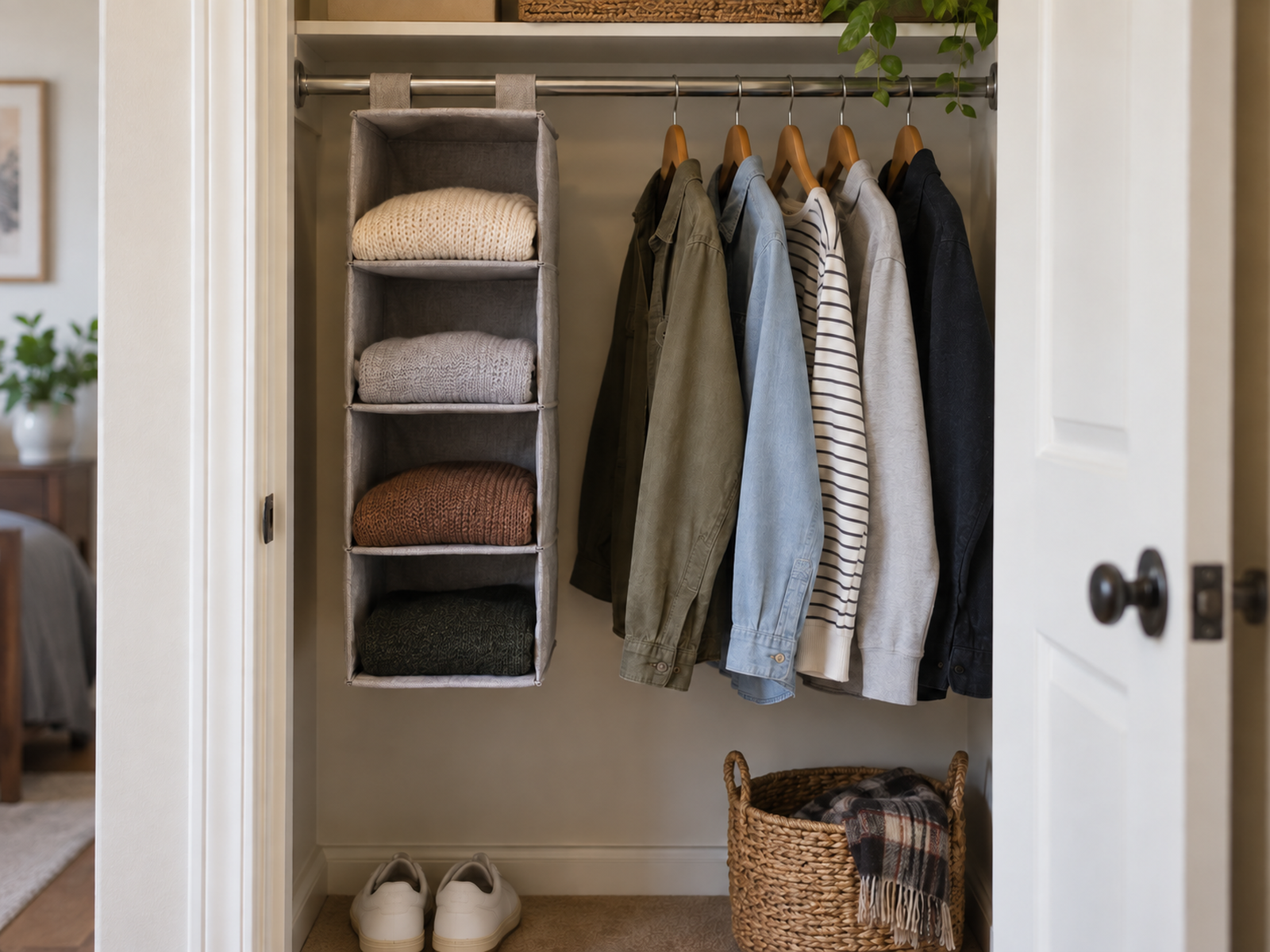 A narrow fabric cubby hangs from part of a small closet rod and holds folded sweaters while short garments, shoes, and floor space remain available.
