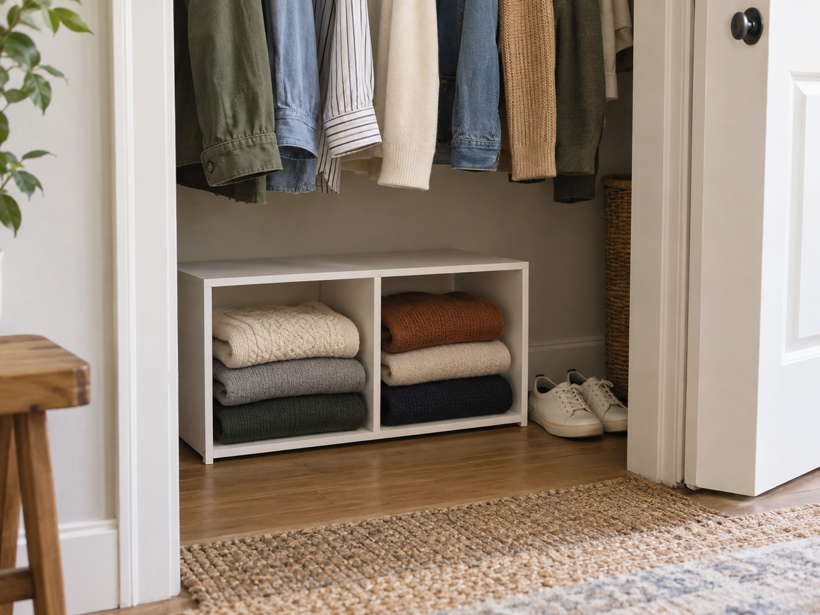 A low freestanding two-cube unit stores folded sweaters beneath short hanging clothes in a small closet, with shoes beside it and the door path clear.