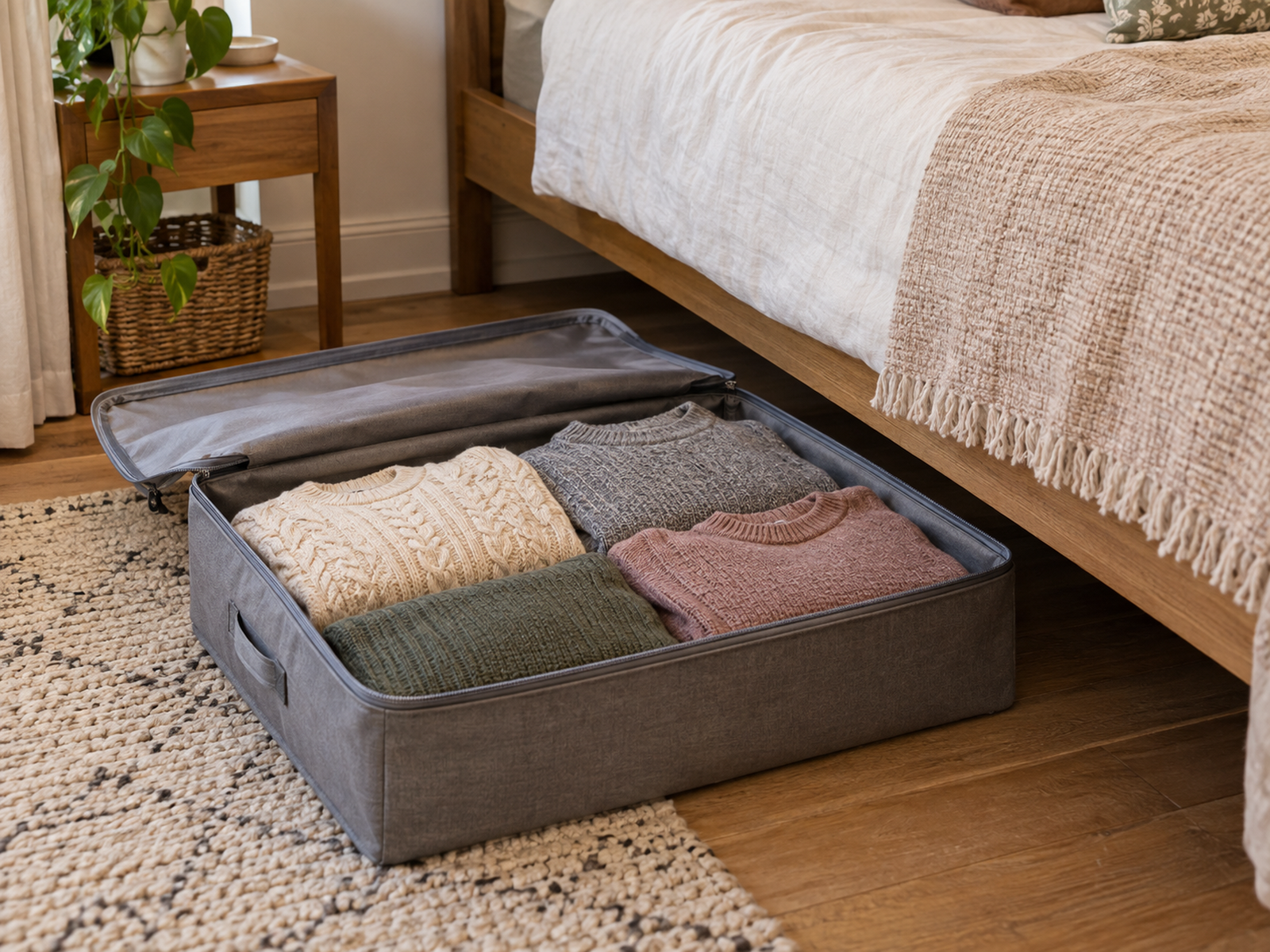Clean off-season sweaters lie folded in an open low-profile fabric case beside an accessible under-bed storage space, without vacuum compression.