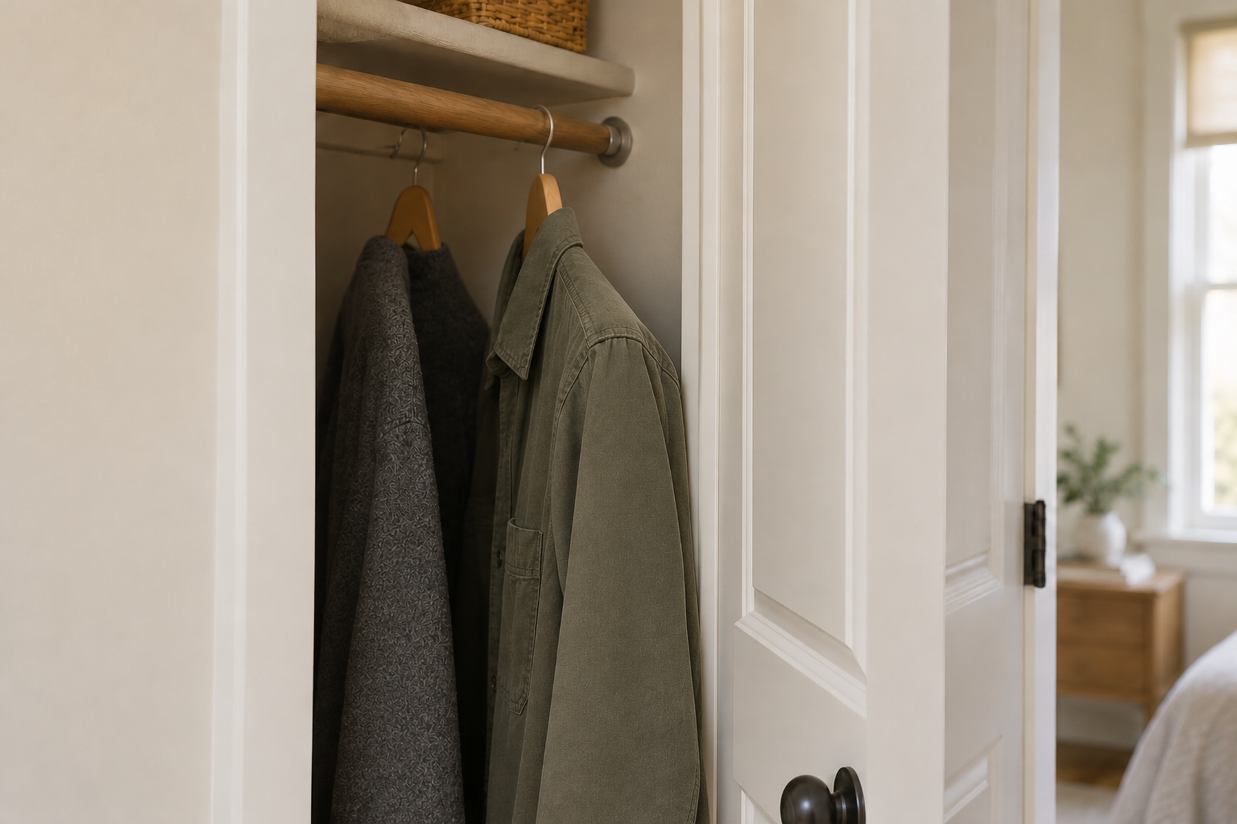 An olive shirt on a conventional side-facing hanger projects from a shallow closet and stops the hinged door from closing.