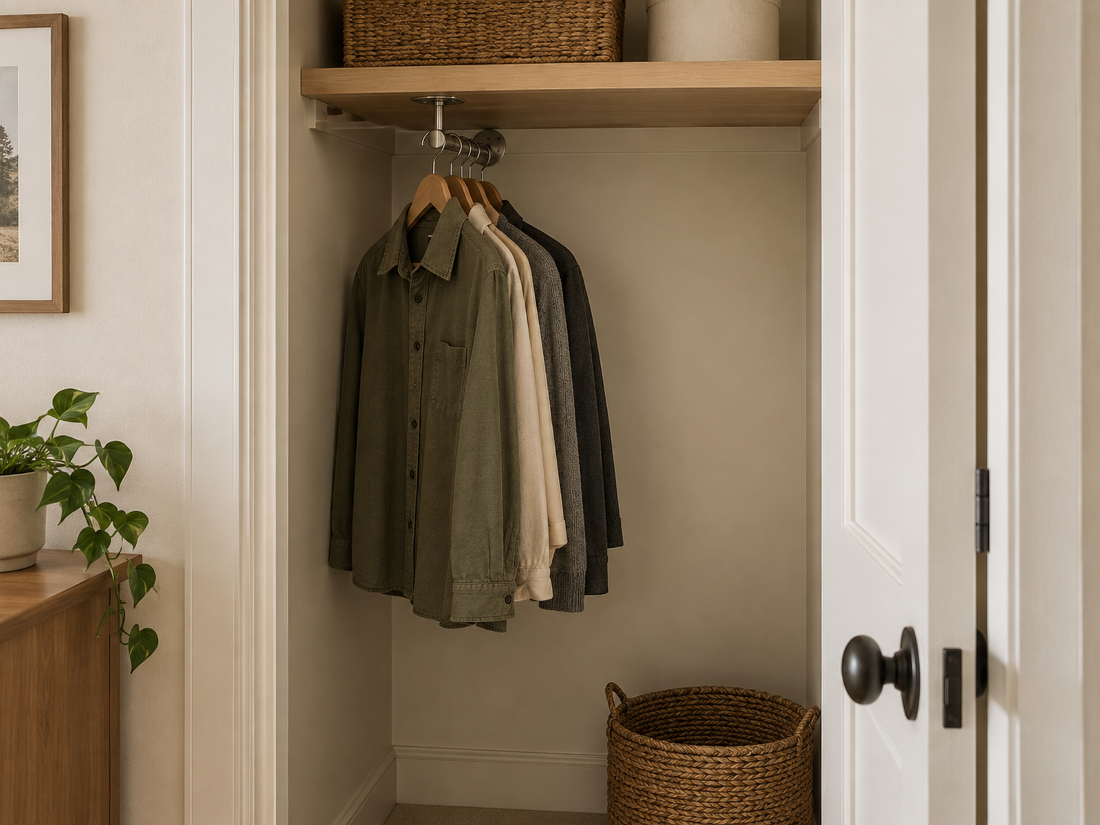 A shallow closet uses a short front-to-back rail with five garments facing the opening and clear space beside them.