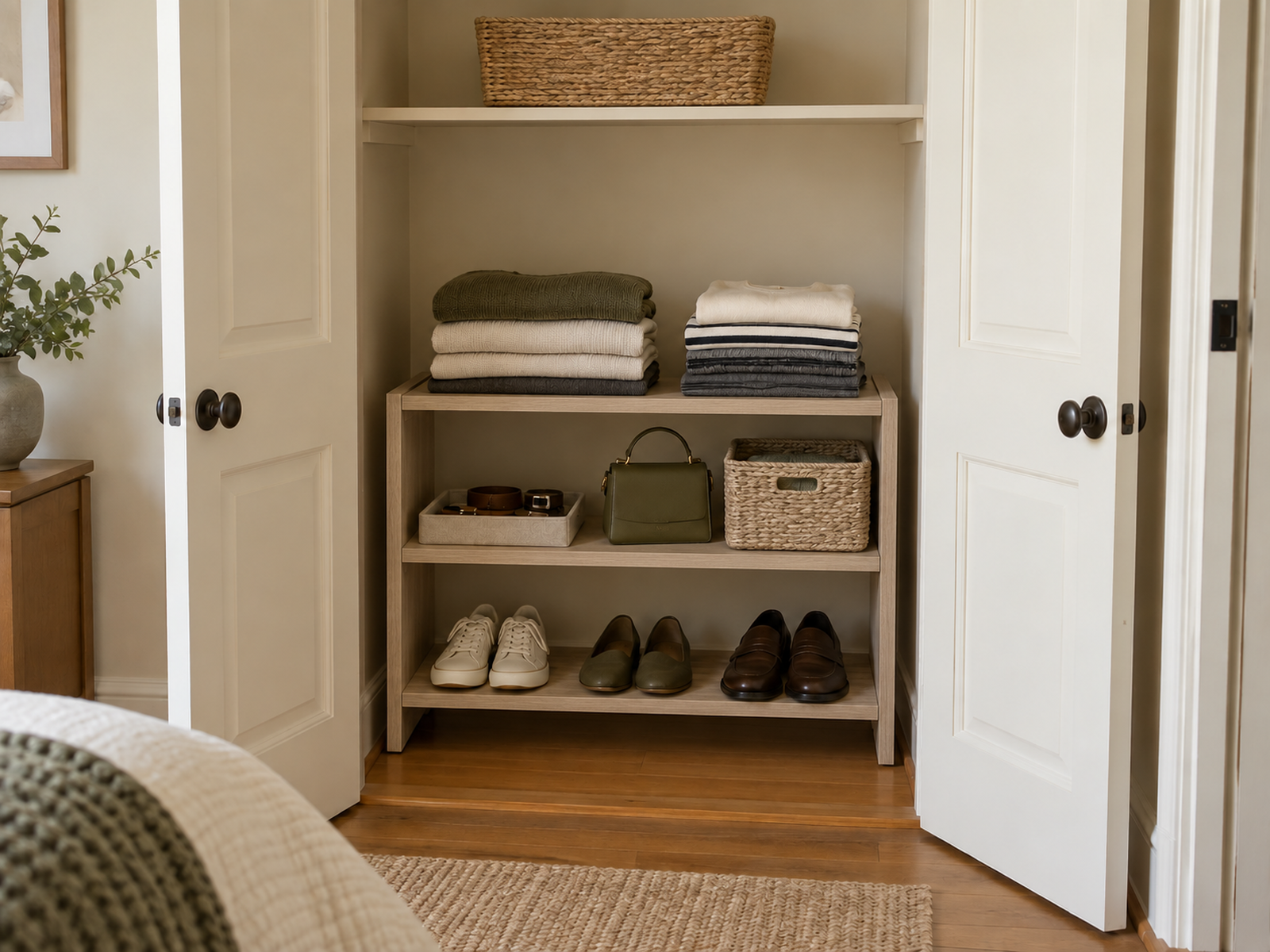 A shallow closet is repurposed with a low removable shelf for folded clothes, shoes, a handbag, and accessories.