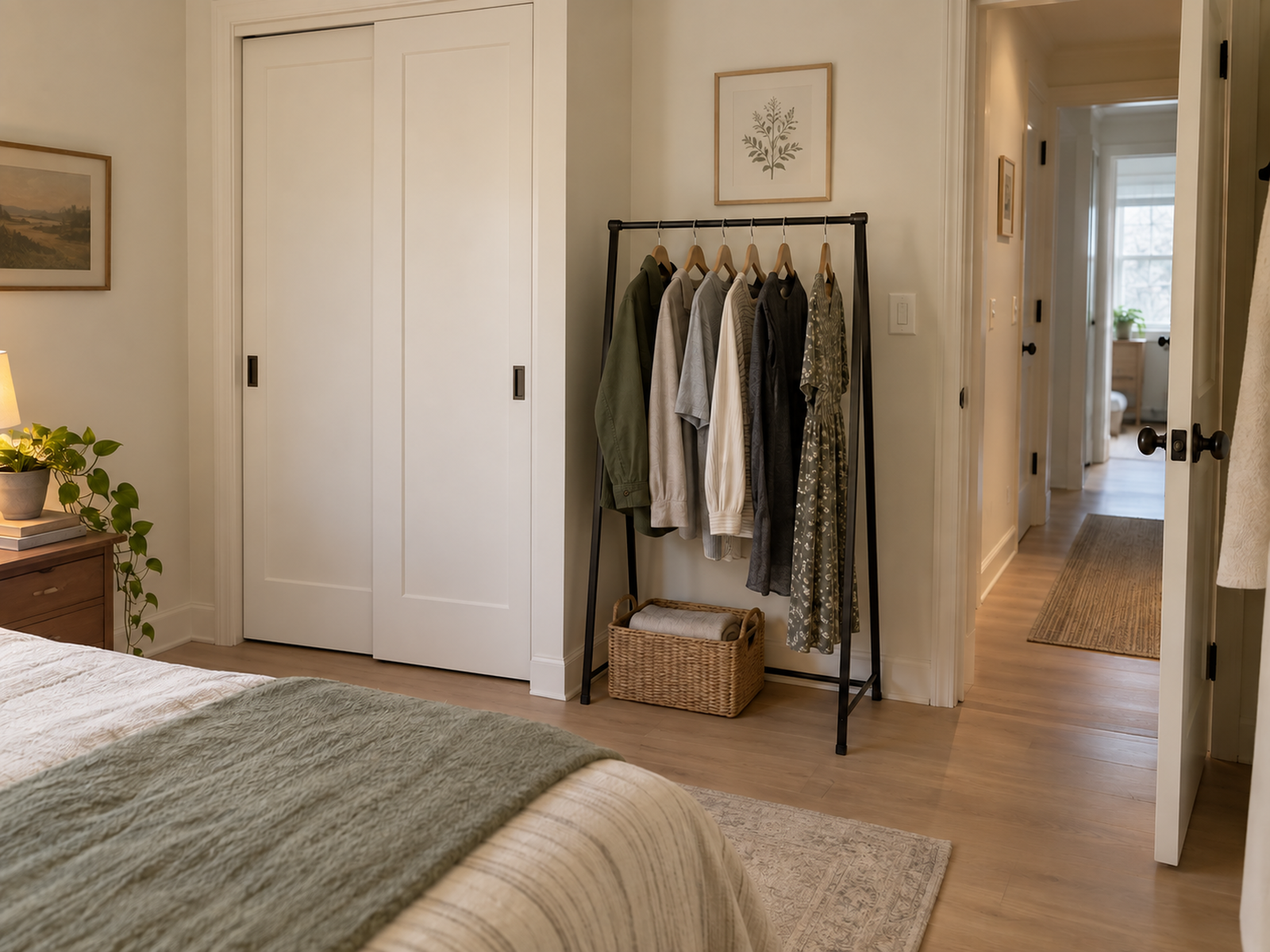 A compact garment rack beside sliding closet doors holds a small hanging wardrobe while the bed and doorway path remain clear.